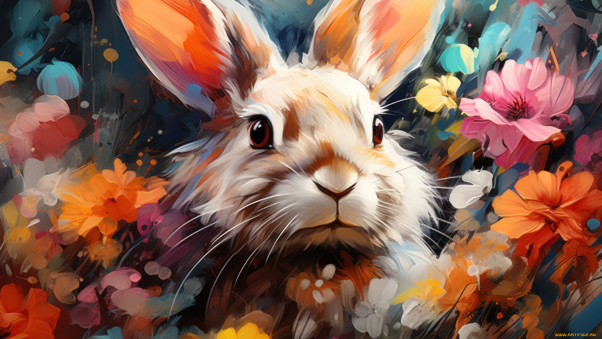 рисованное, животные, рисунок, кролик, арт