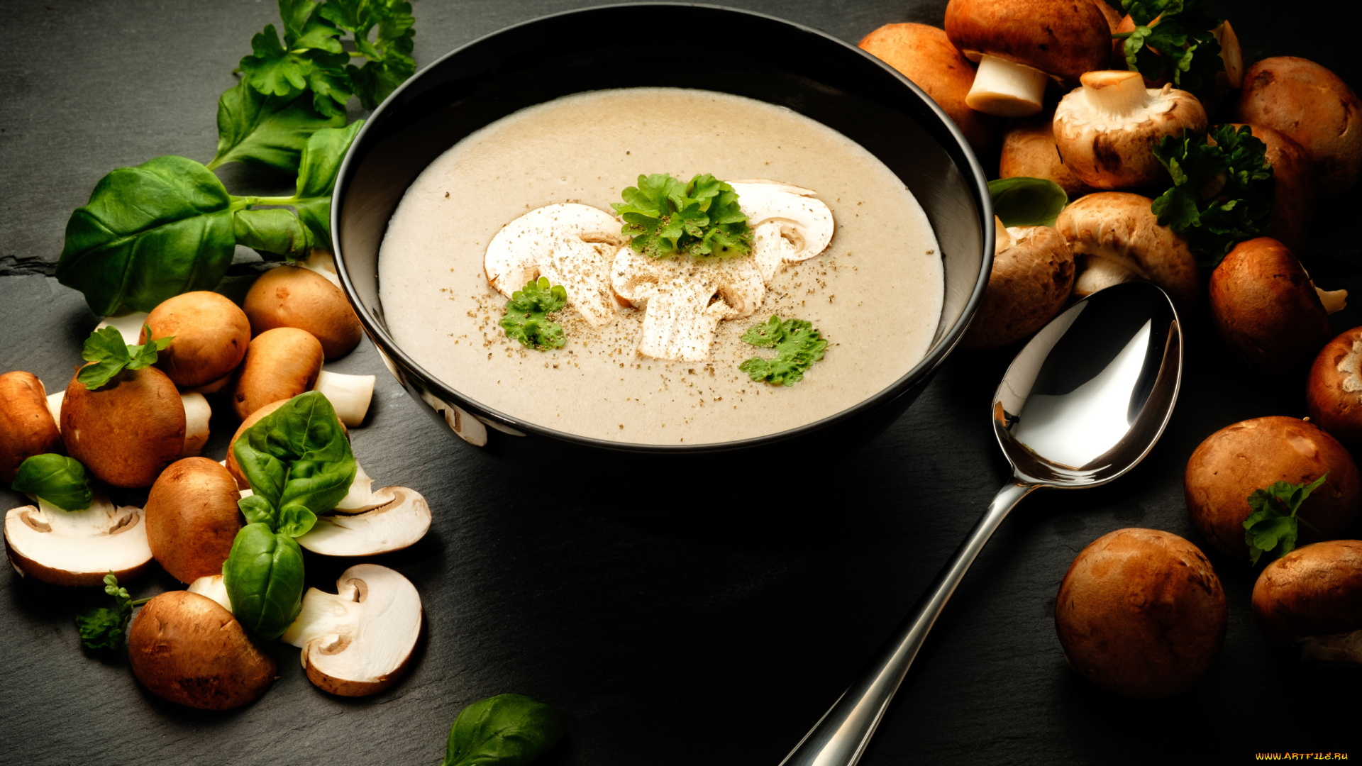 еда, первые, блюда, суп, грибной, шампиньоны, базилик