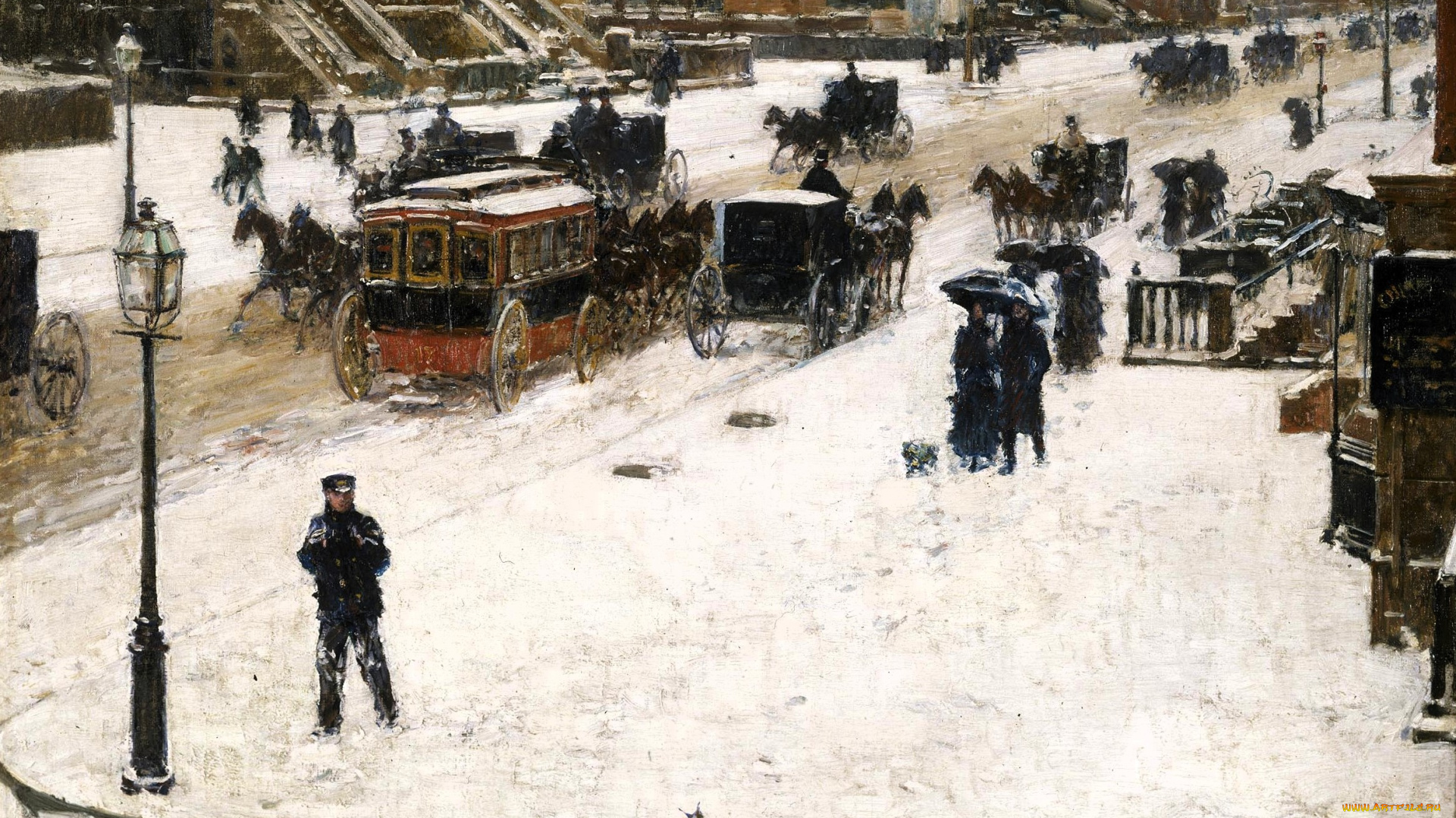 фредерик, чайльд, гассам, -, 5я, авеню, зимой, рисованное, frederick, childe, hassam, город, дома, улица, снег, зима, люди, кареты