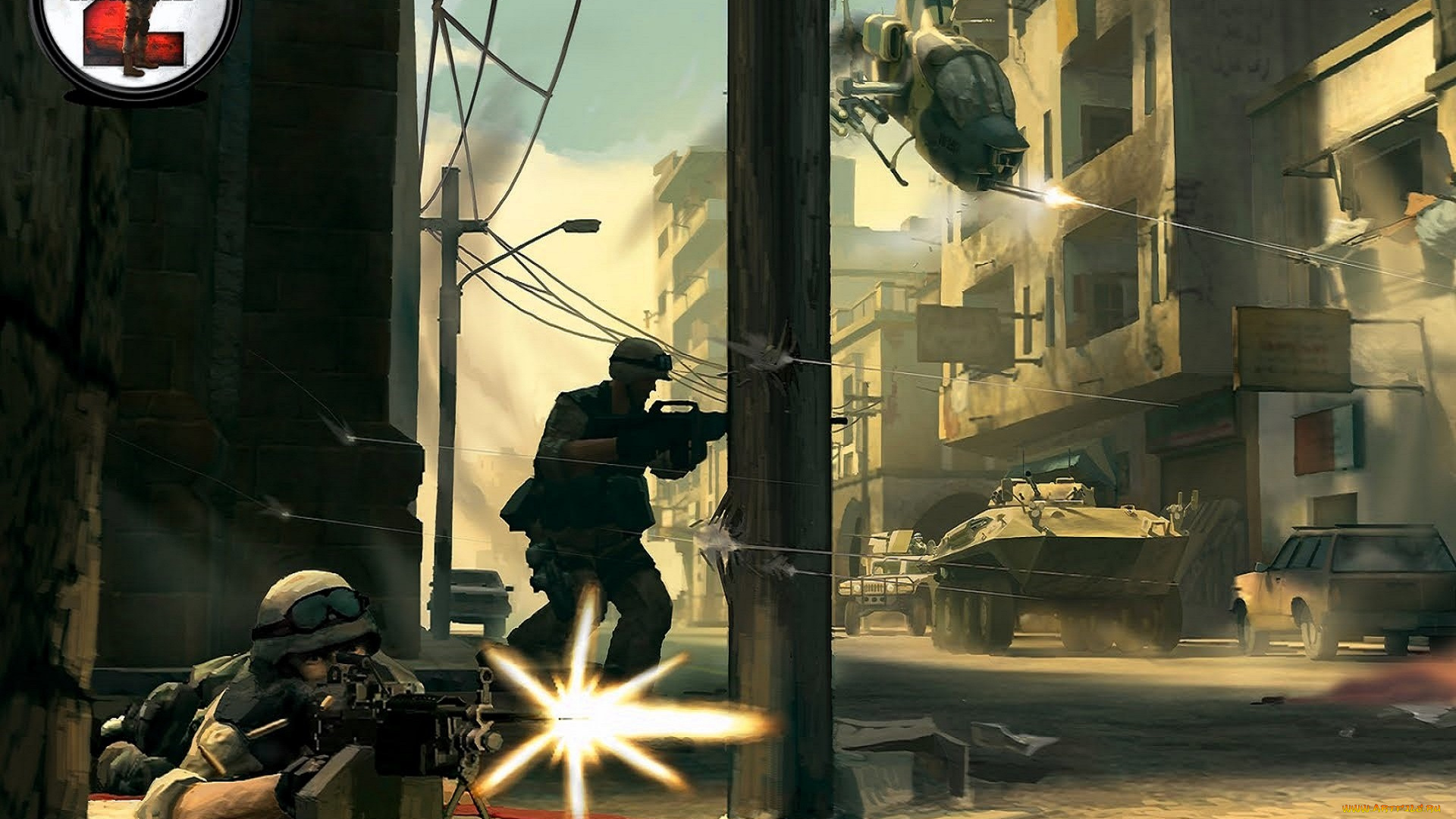 видео, игры, battlefield, 2, , special, forces, город, техника, вертолет, солдаты