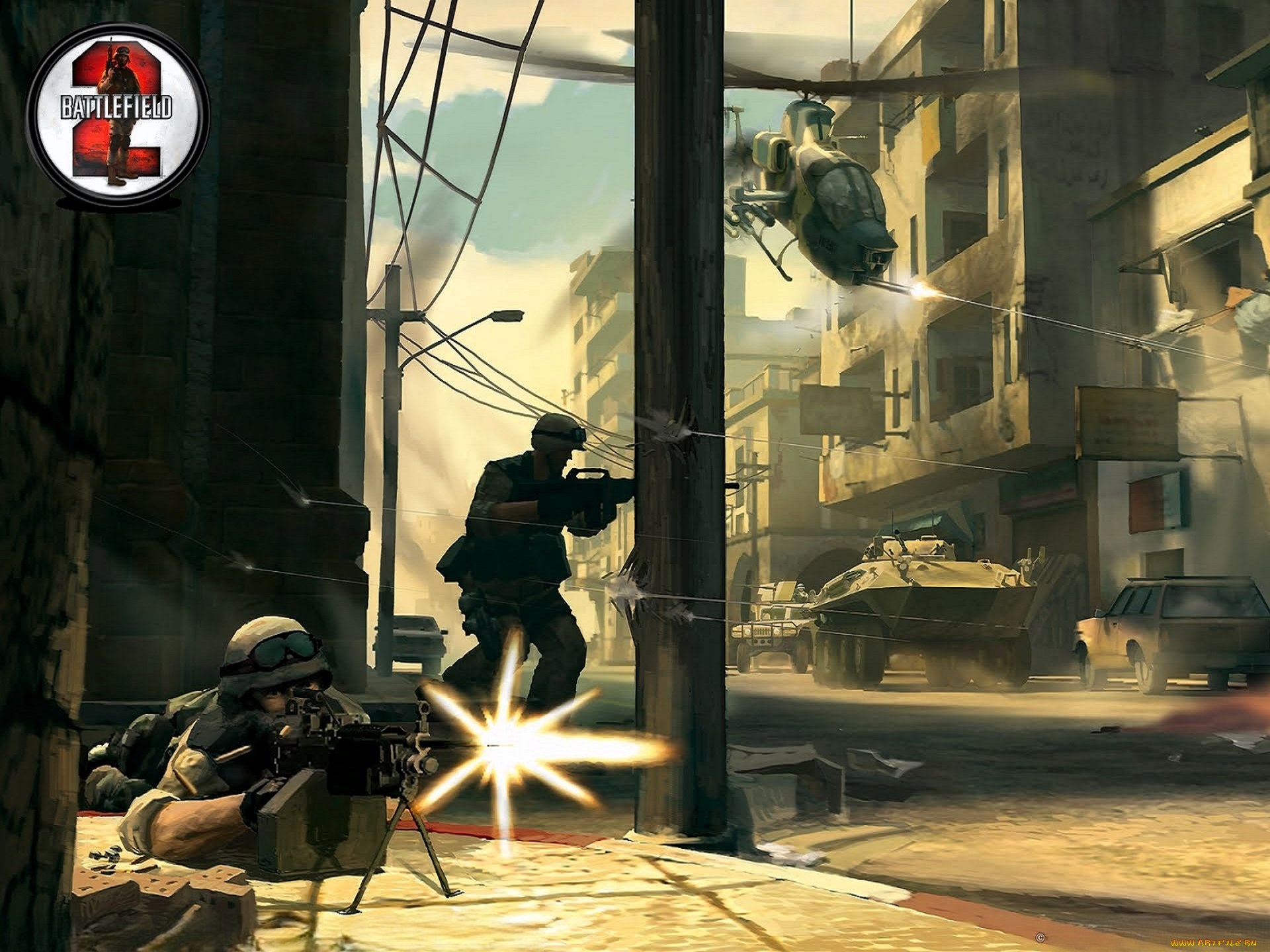видео, игры, battlefield, 2, , special, forces, город, техника, вертолет, солдаты