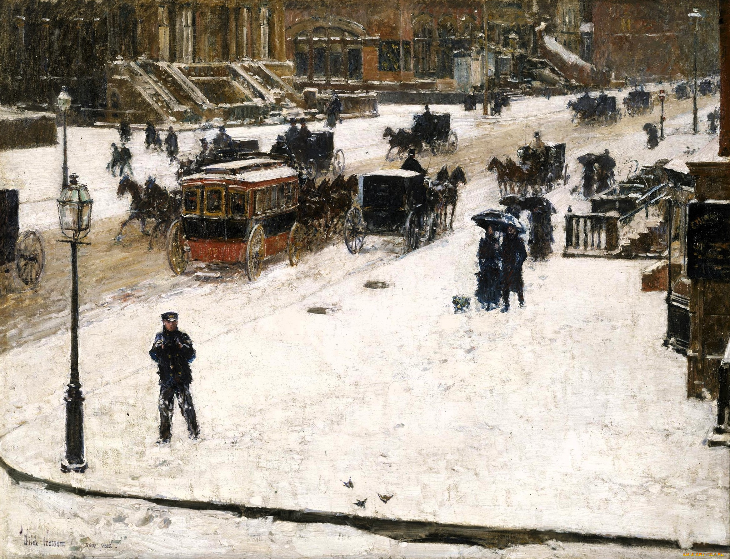 фредерик, чайльд, гассам, -, 5я, авеню, зимой, рисованное, frederick, childe, hassam, город, дома, улица, снег, зима, люди, кареты