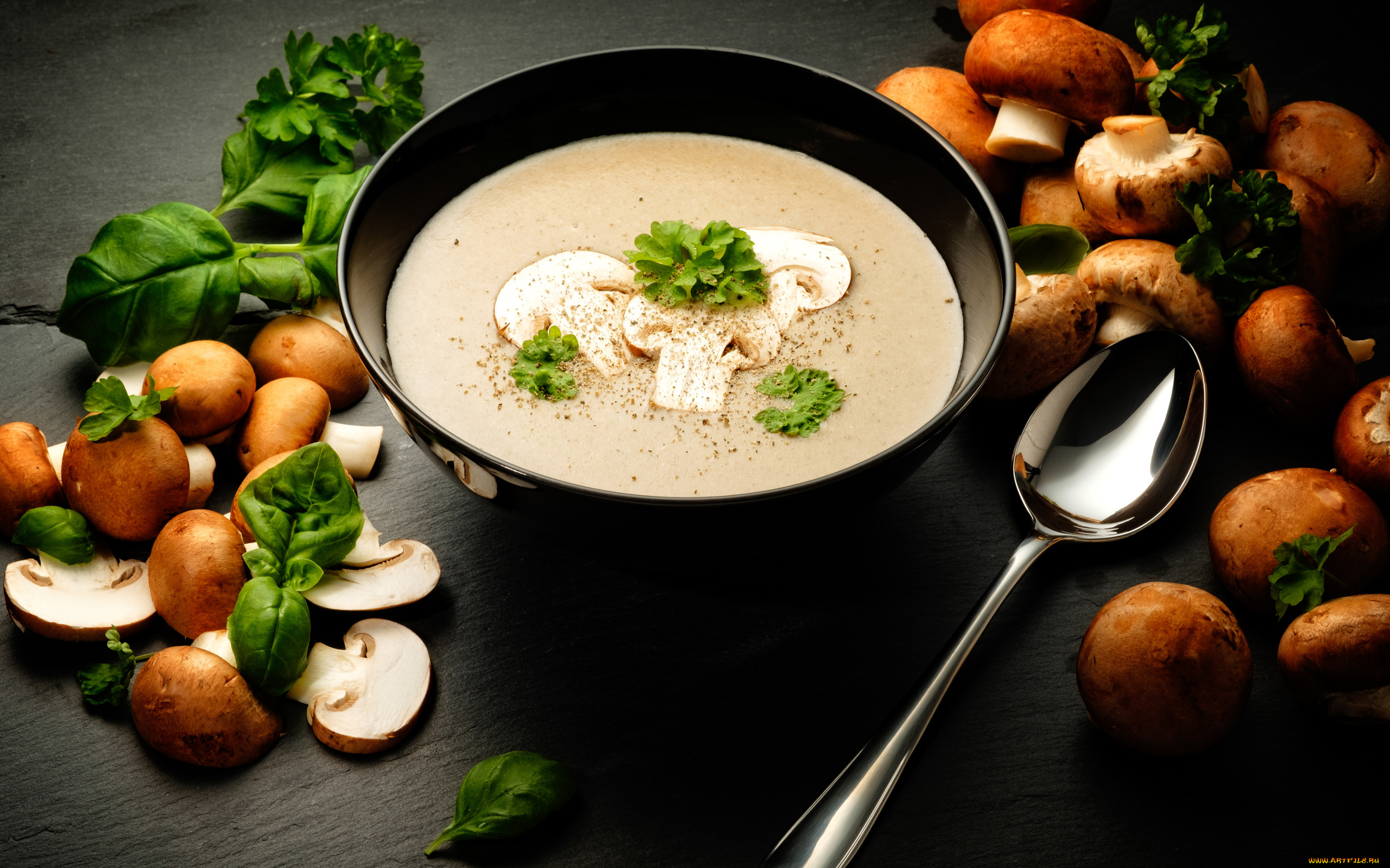 еда, первые, блюда, суп, грибной, шампиньоны, базилик