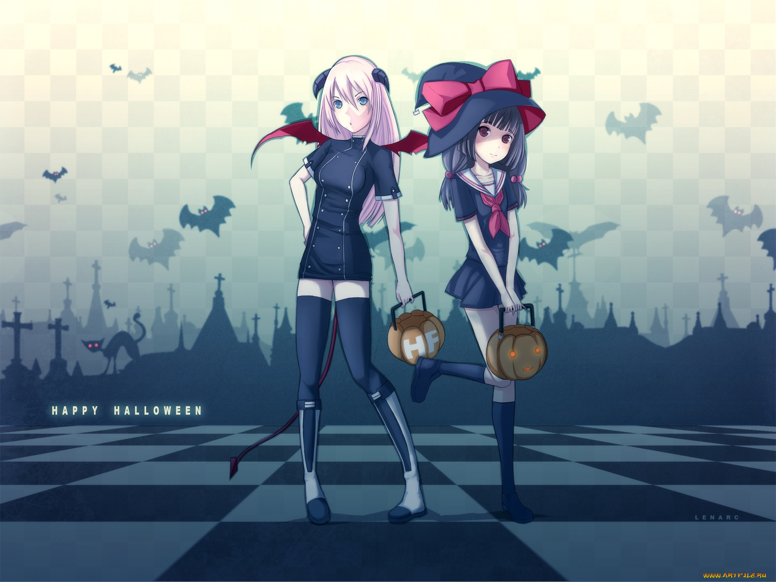 аниме, halloween, magic, девушки, демон, ведьма, тыквы, хелуин, кошка, летучие, мыши