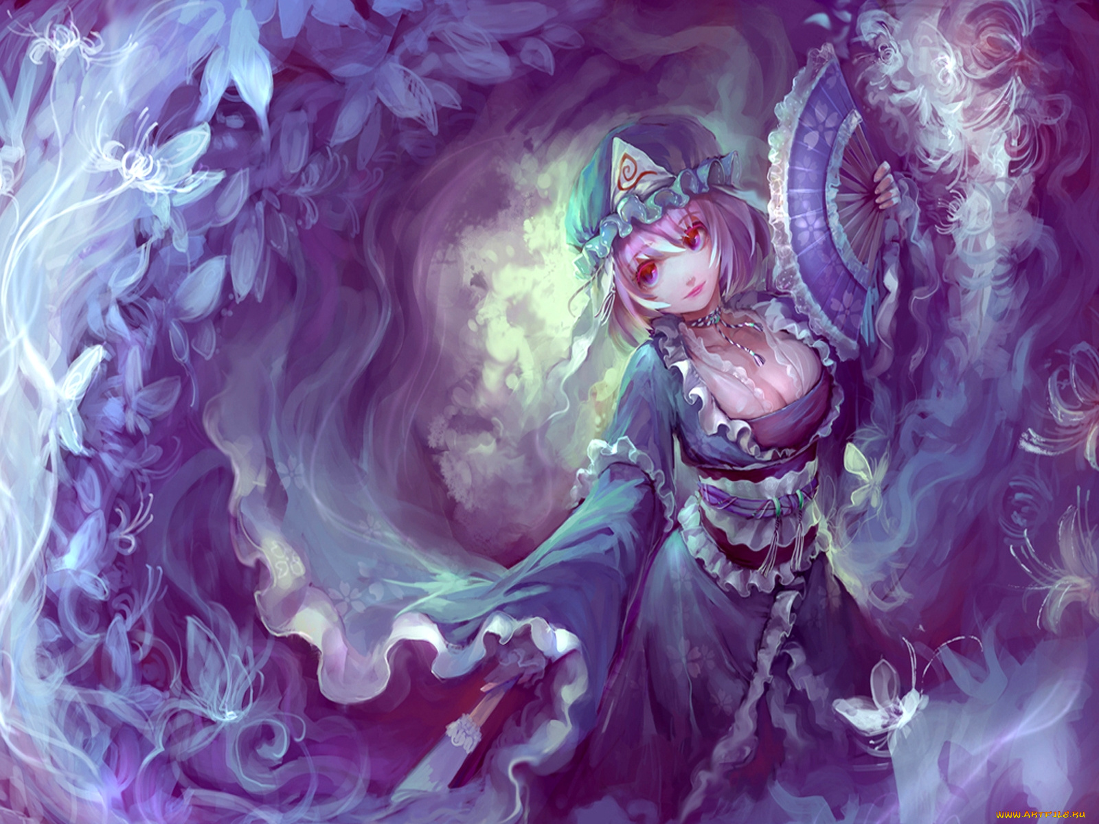 аниме, touhou, дым, платье, девушка, веер, синева, бабочки