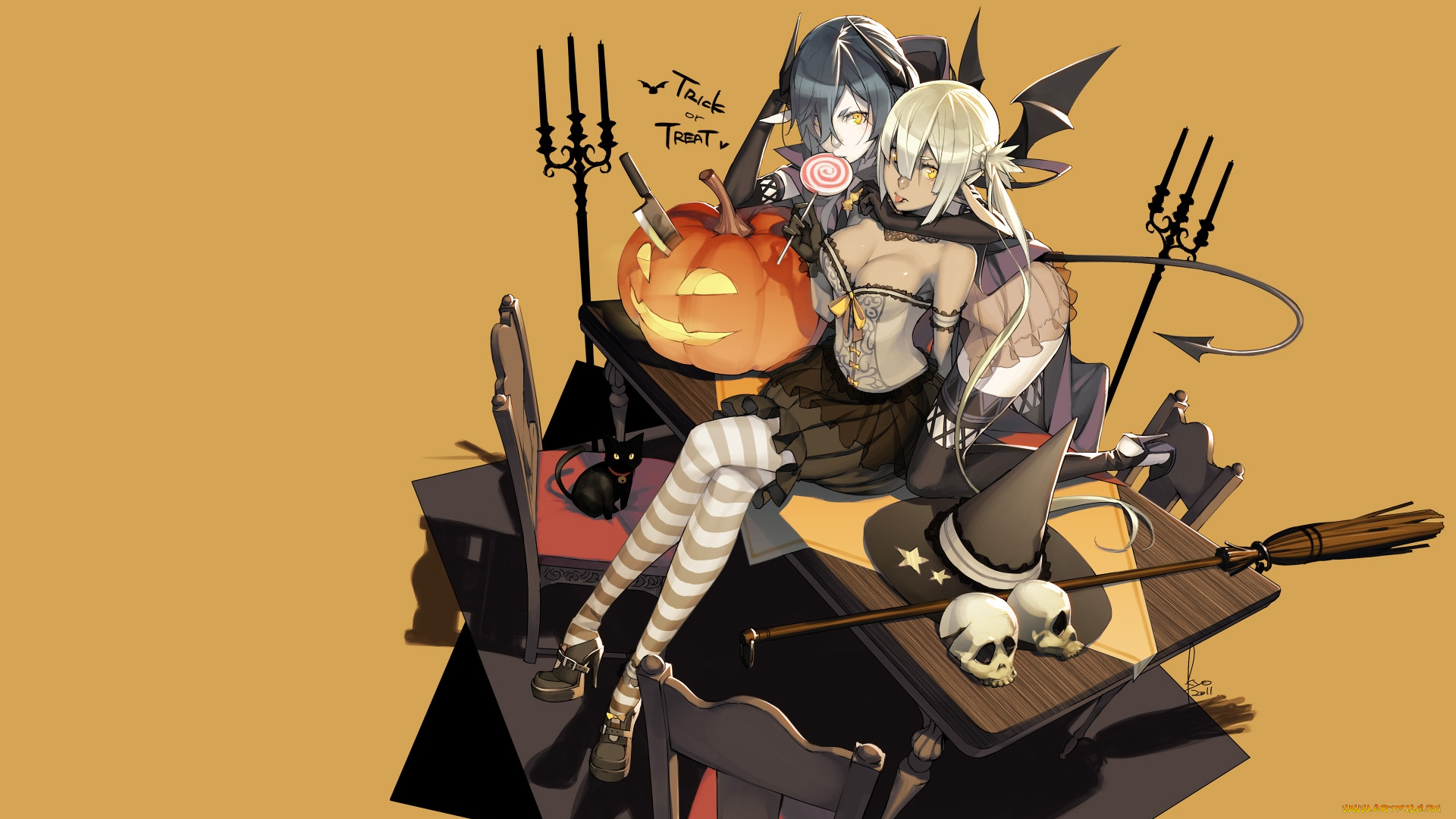 аниме, halloween, magic, ведьма, демон, кошка, хелуин, стол, тыква, шляпа, метла, нож, рога, конфета