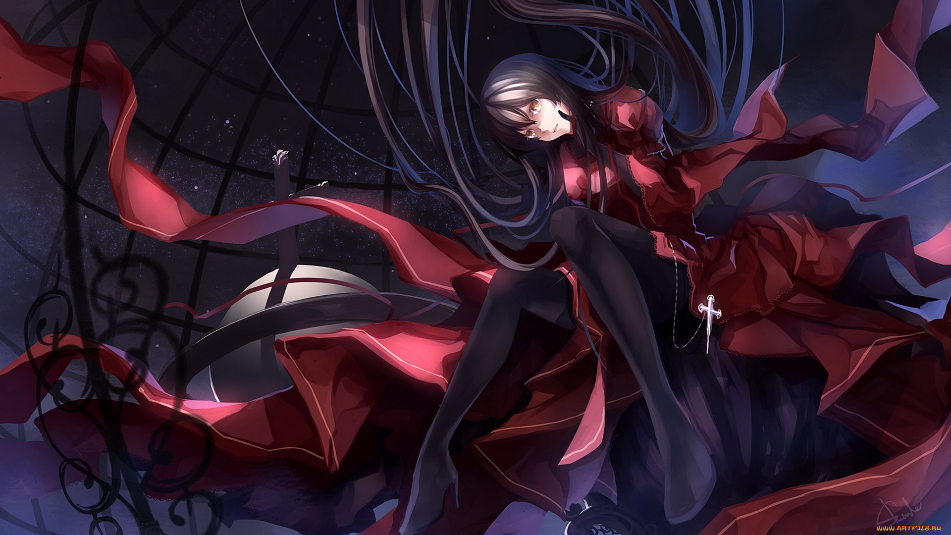 аниме, *unknown, другое, девушка, платье, крест, звезды