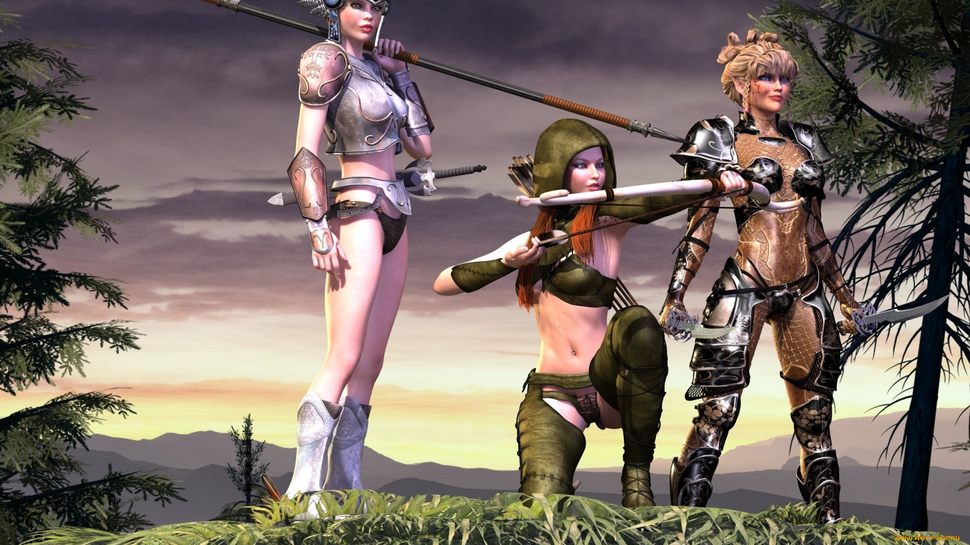 3д, графика, амазонки, , amazon, девушки, взгляд, фон, оружие