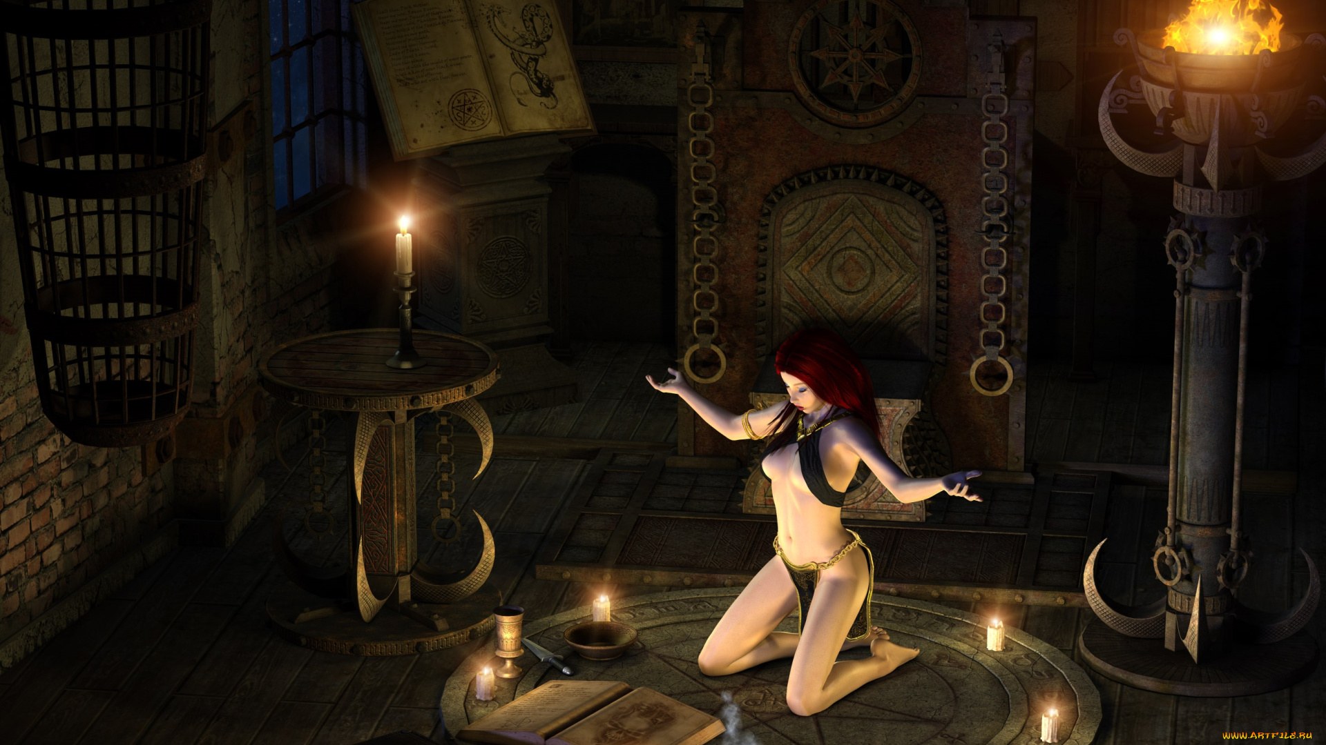3д, графика, фантазия, , fantasy, девушка, взгляд, фон, свечи, книга