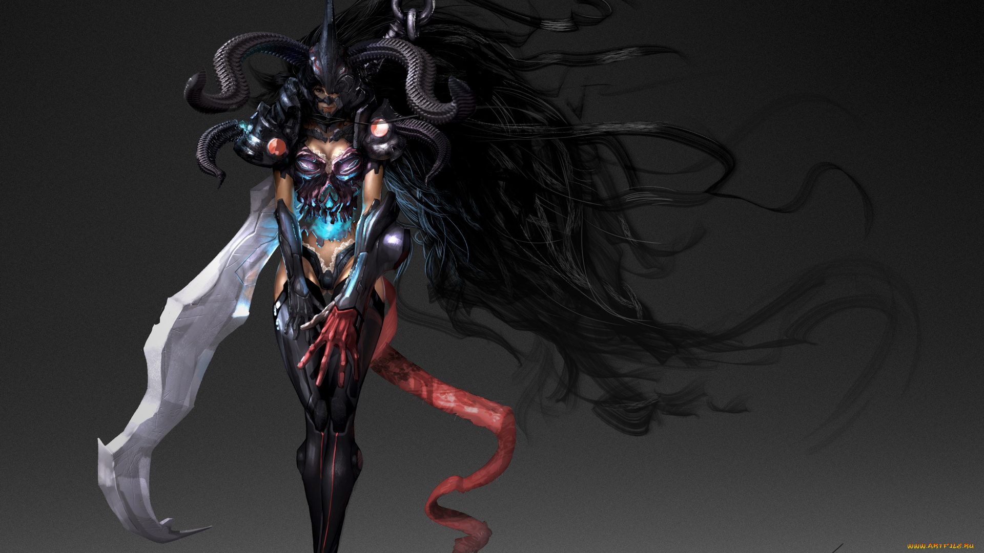 фэнтези, демоны, арт, шлем, фантастика, волосы, киборг, рога