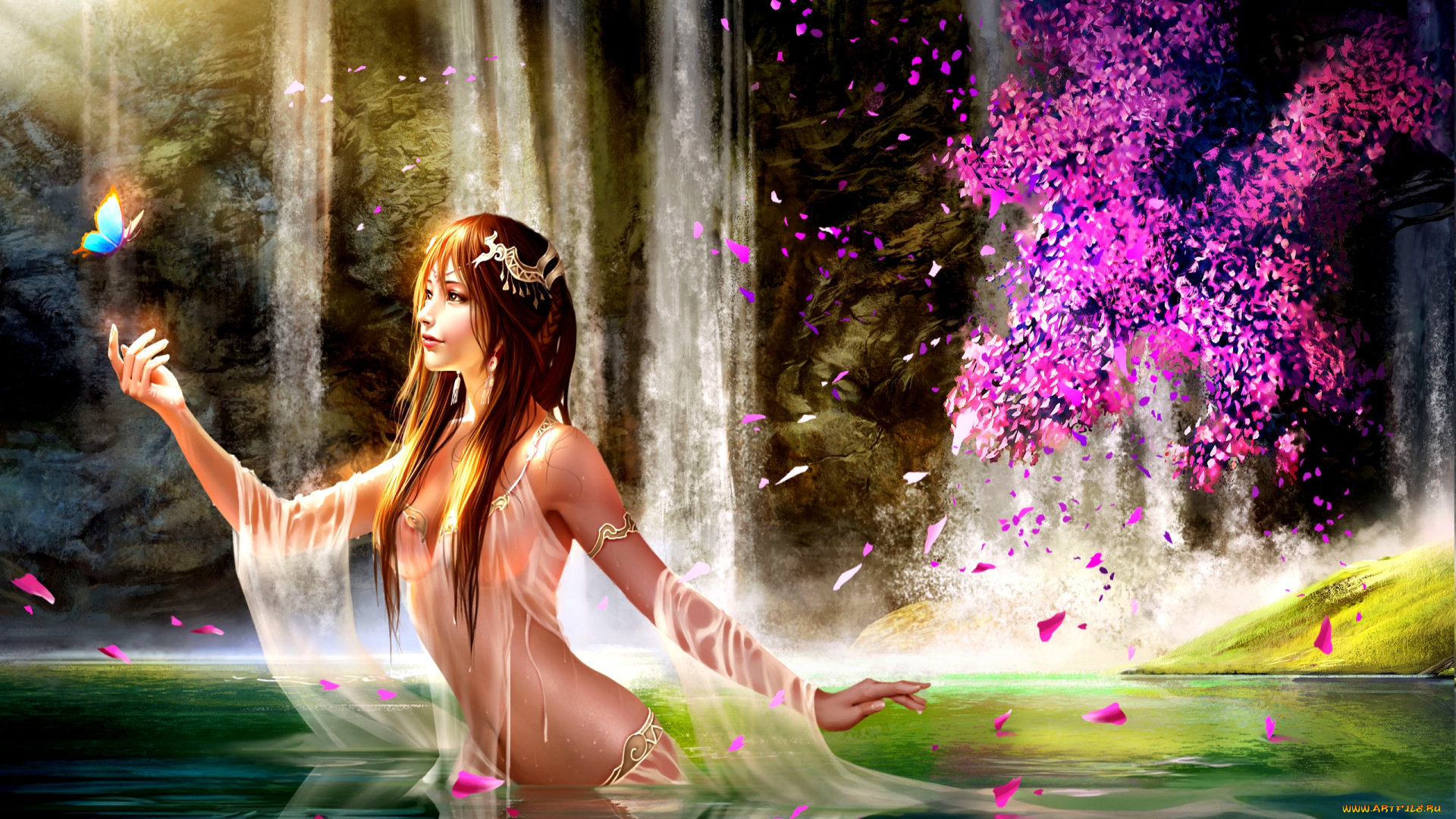 фэнтези, девушки, девушка, вода, бабочка, водопад