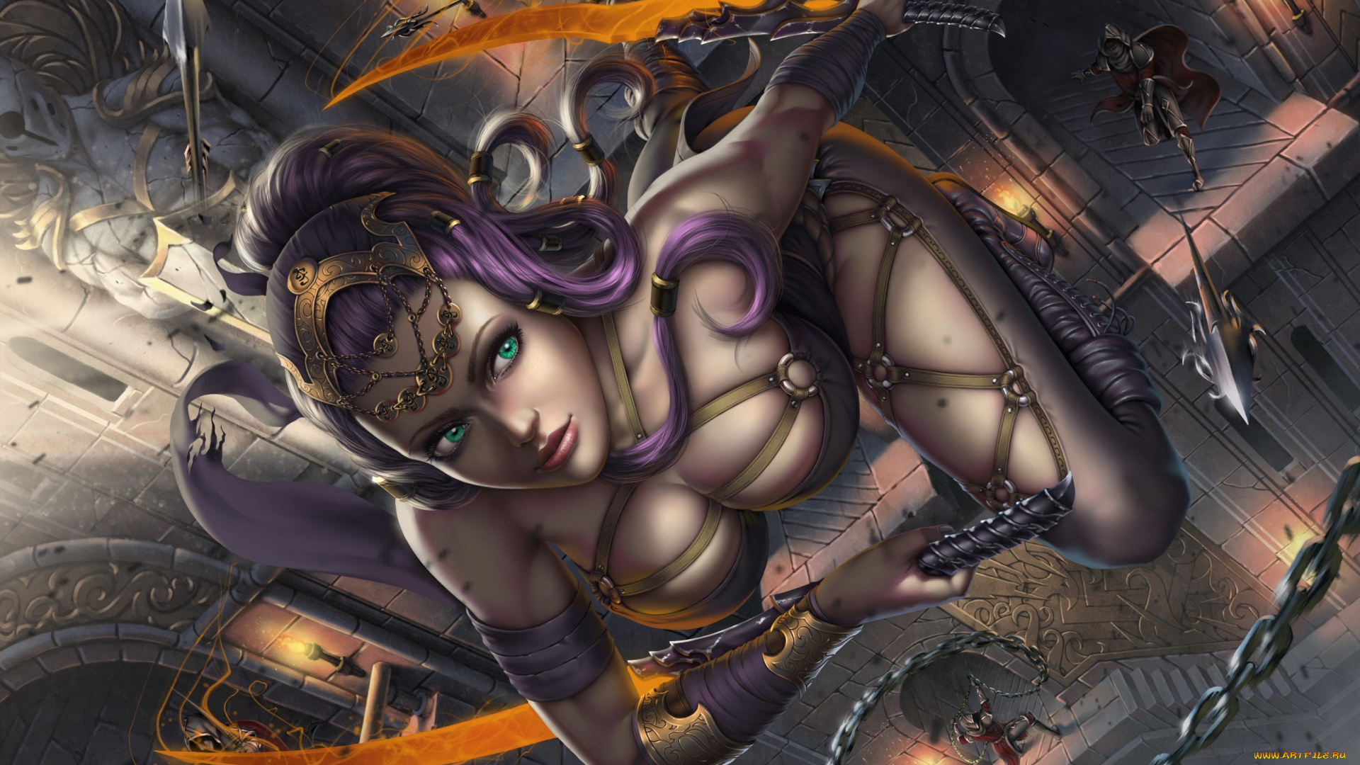 фэнтези, девушки, побег, цепь, копья, стражи, оружие, девушка, эротика, аниме