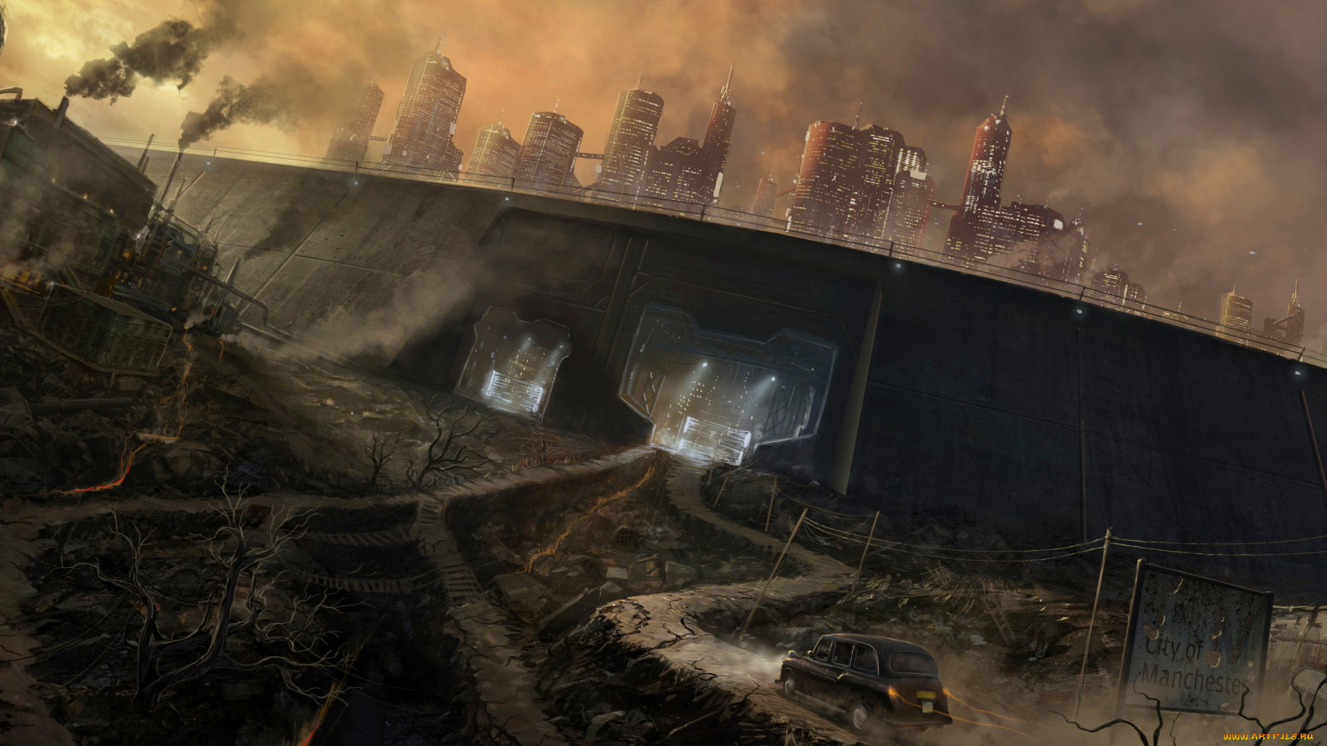 фэнтези, иные, миры, , иные, времена, фантастика, арт, дорога, стена, город, машина, sci-fi