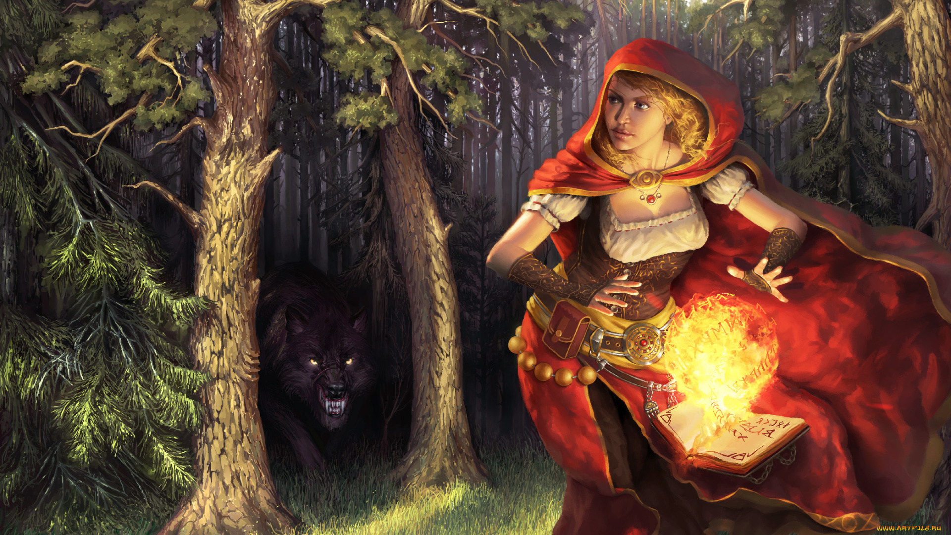 фэнтези, магия, лес, скалится, девушка, огонь, волк, хищник, шар, книга, арт, красная, шапочка, плащ, деревья