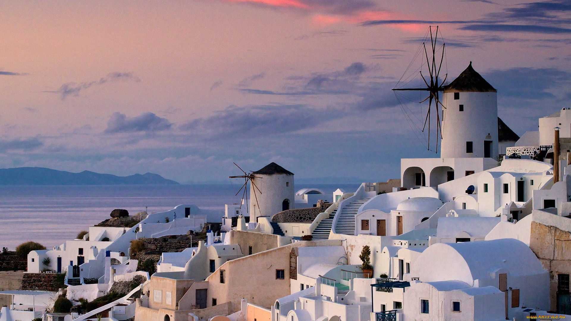 города, санторини, , греция, закат, вечер, мельница, дома, здания, лестница