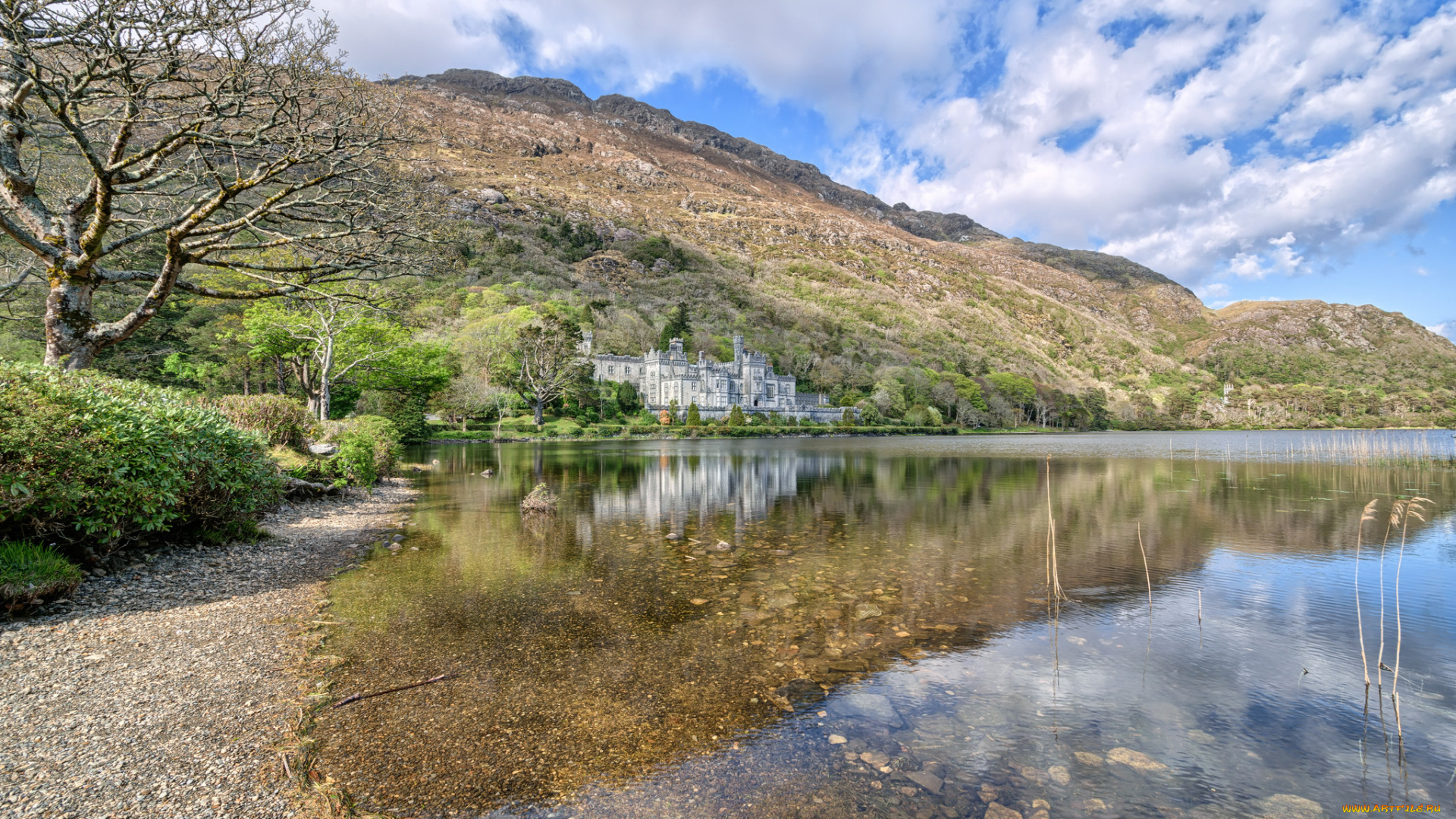 kylemore, abbey, города, -, пейзажи, лес, река
