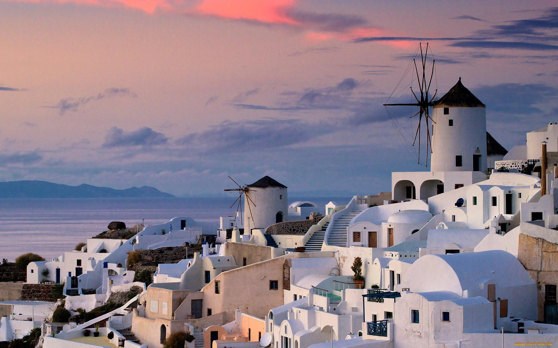 города, санторини, , греция, закат, вечер, мельница, дома, здания, лестница