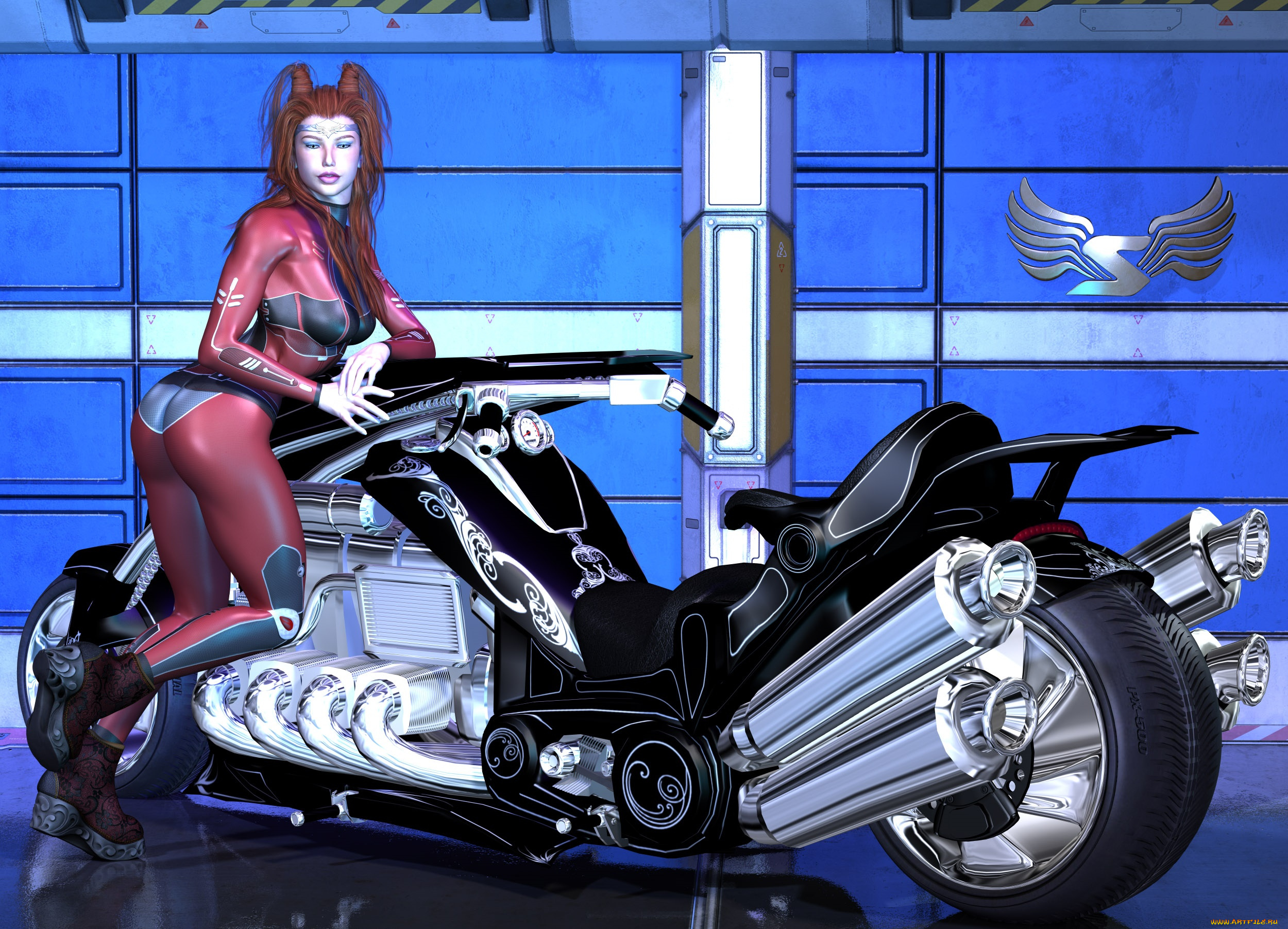 3д, графика, люди-авто, мото, , people-, car, , , moto, девушка, взгляд, фон, мотоцикл
