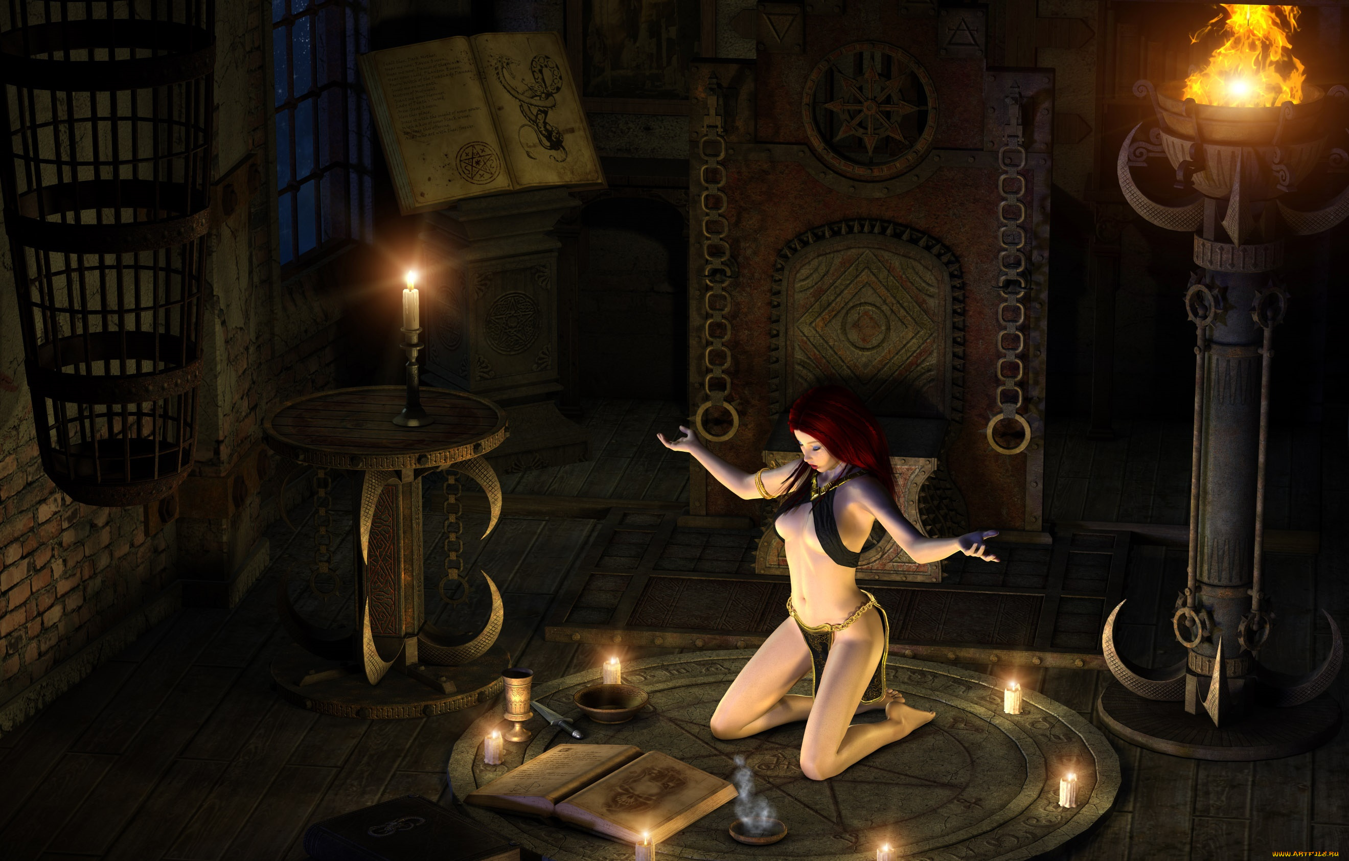 3д, графика, фантазия, , fantasy, девушка, взгляд, фон, свечи, книга
