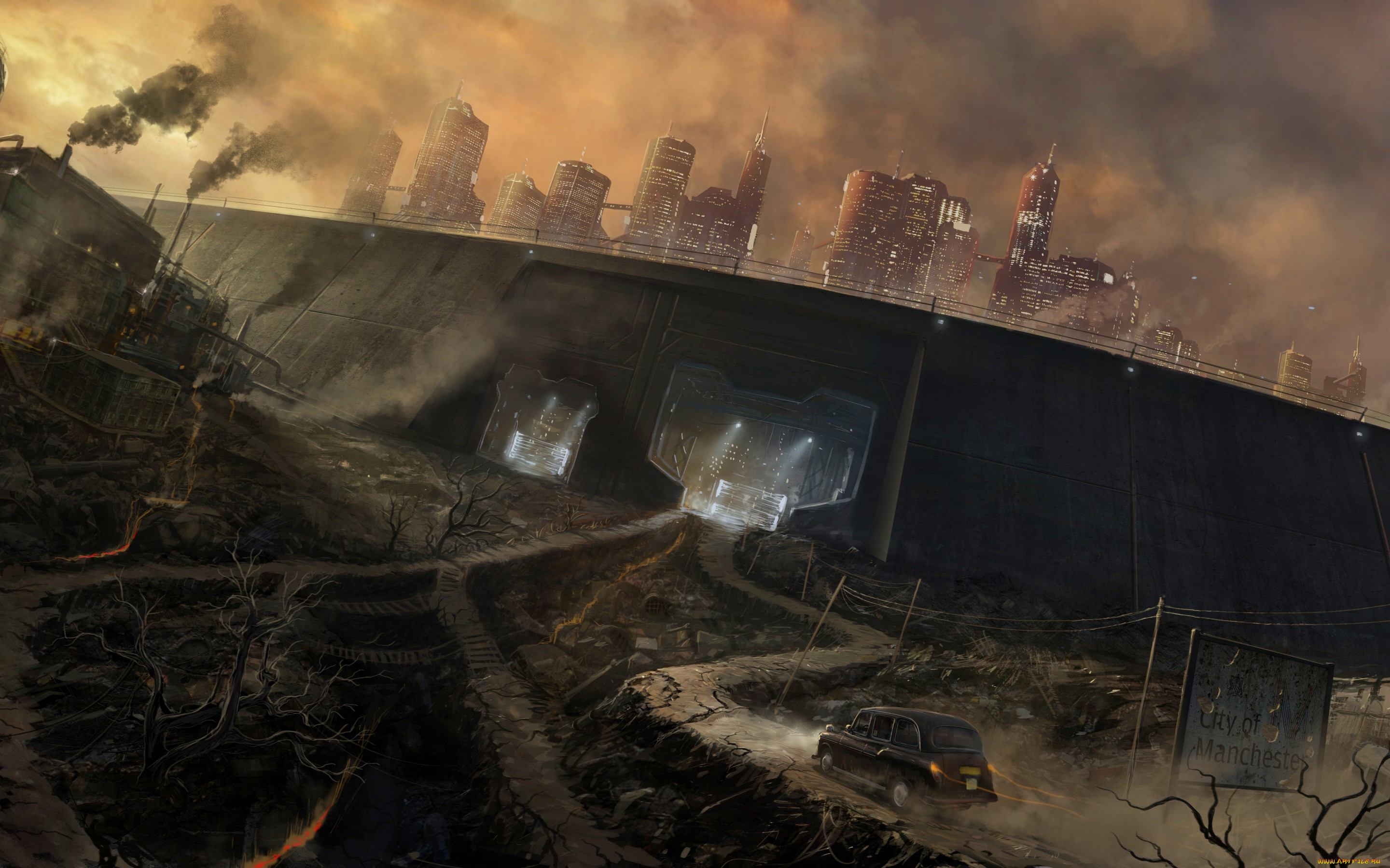 фэнтези, иные, миры, , иные, времена, фантастика, арт, дорога, стена, город, машина, sci-fi