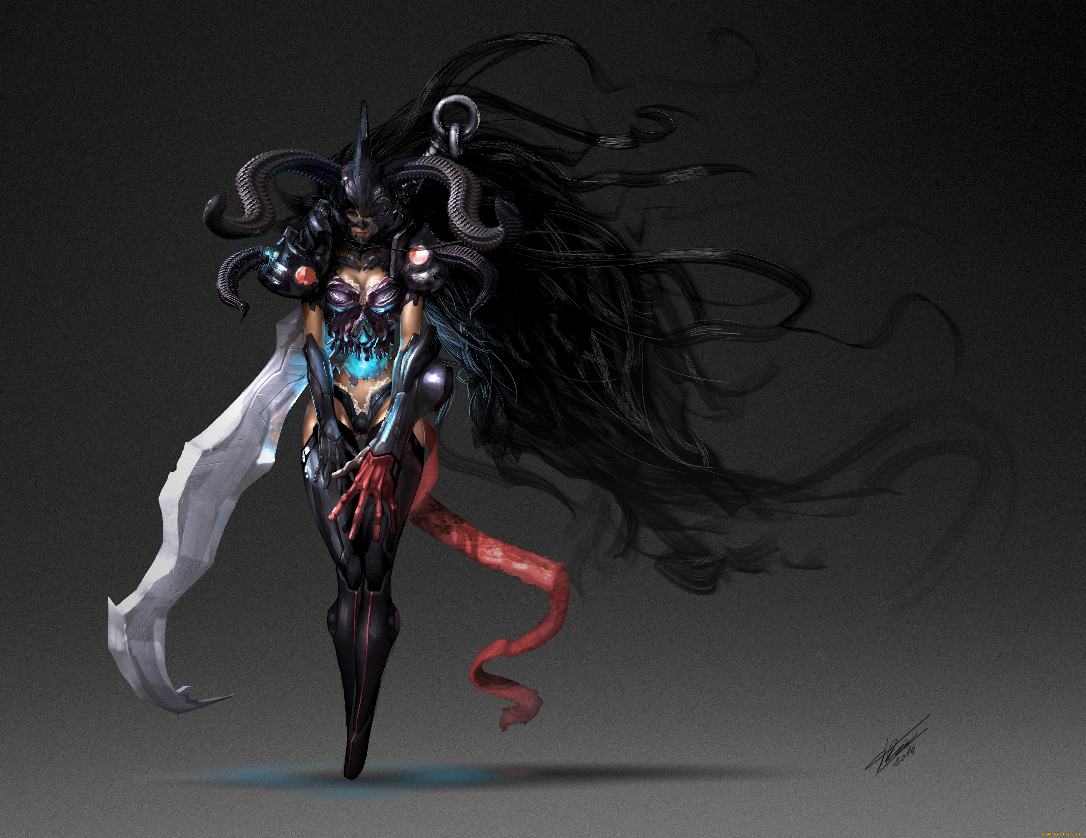 фэнтези, демоны, арт, шлем, фантастика, волосы, киборг, рога