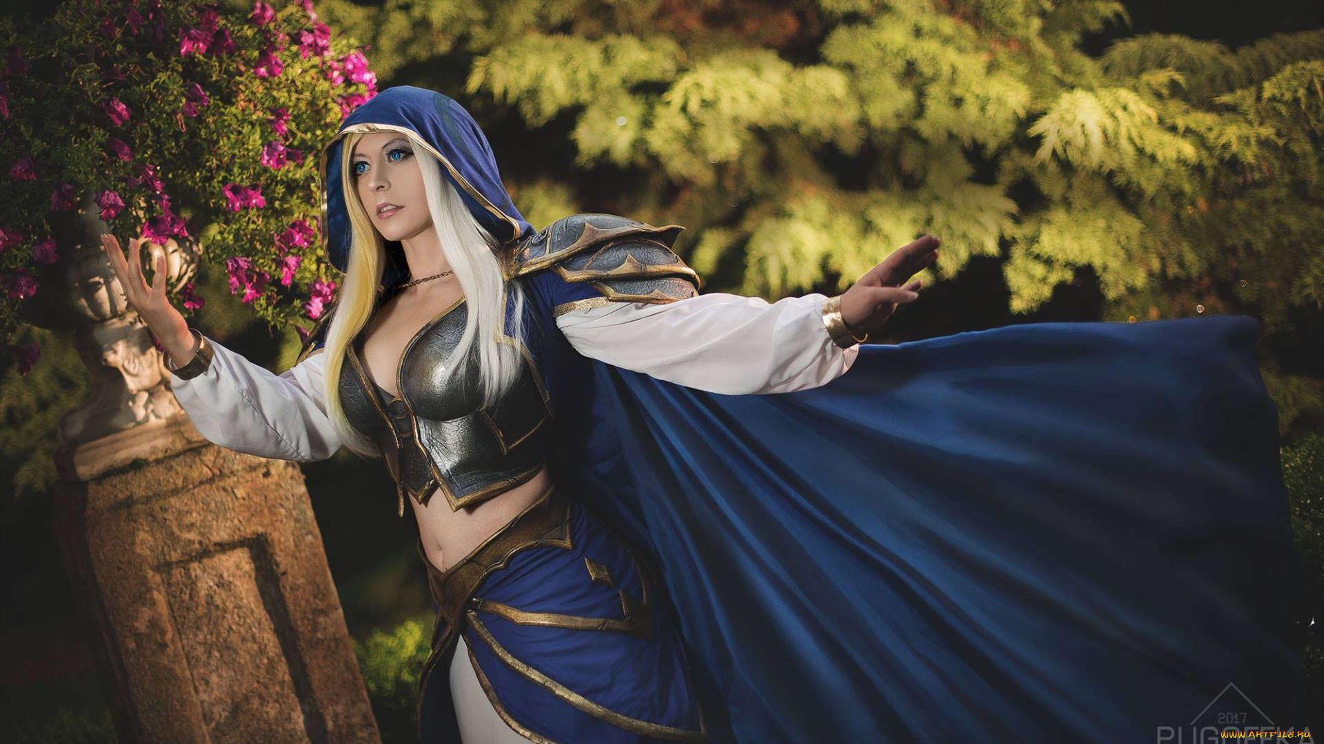 девушки, -, креатив, , косплей, блондинка, капюшон, плащ, костюм, цветы, деревья