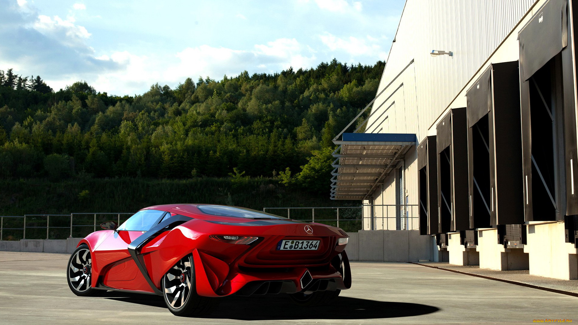 mercedes-benz, sxr, concept, автомобили, mercedes-benz, мерседес, красный, здание, лес, площадка