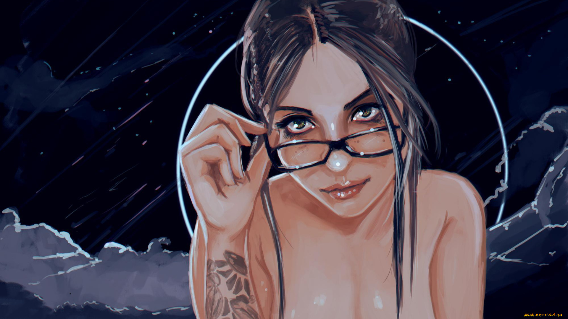 рисованное, люди, девушка, фон, взгляд, очки, тату