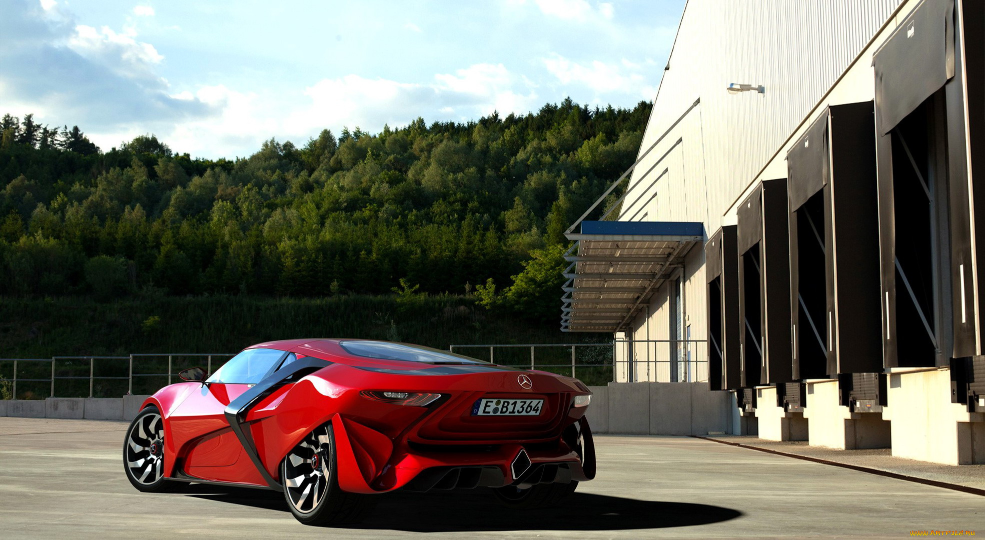 mercedes-benz, sxr, concept, автомобили, mercedes-benz, мерседес, красный, здание, лес, площадка