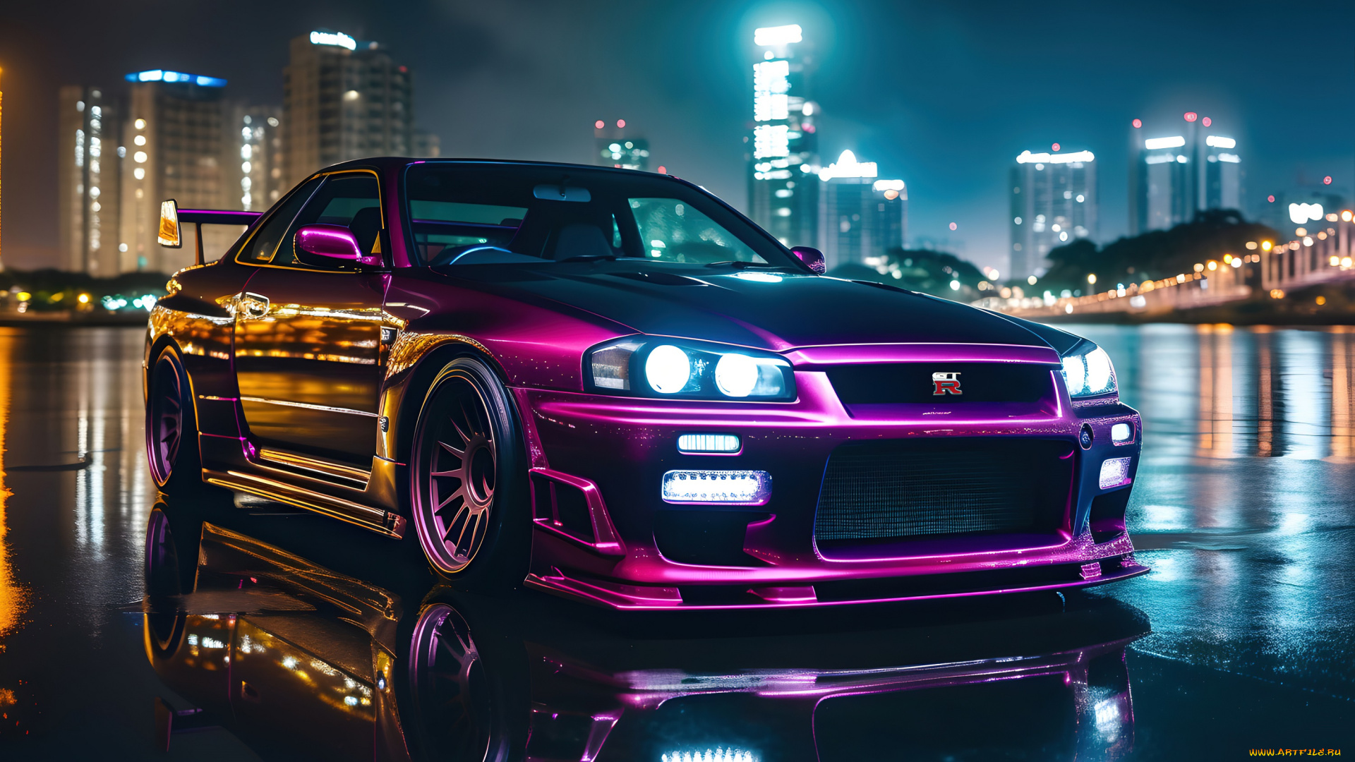 автомобили, 3д, тюнинг, nissan, cars, skyline, tuning, godzilla, nismo, japanese, gt-r, 34, gtr, r34, night, city, japan, car, datsun, legend, z, tuned