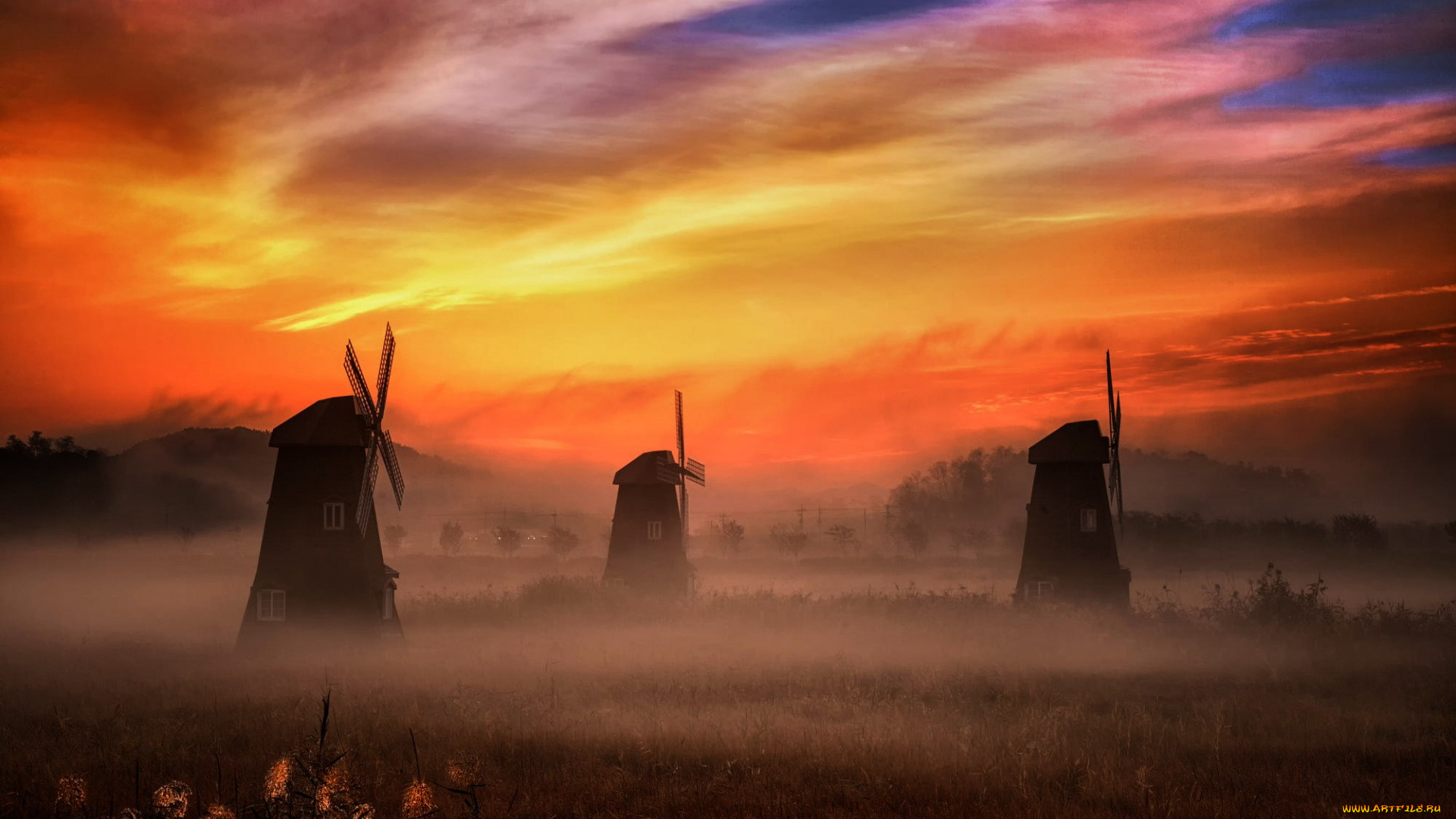 разное, мельницы, закат, туман, ветряные