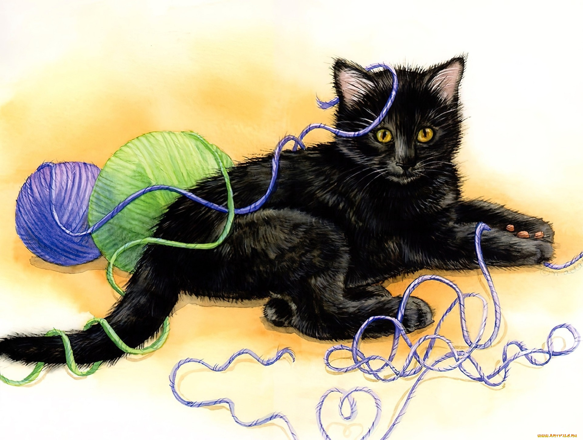 jane, maday, рисованное, животные, , коты, котенок, клубки, нитки