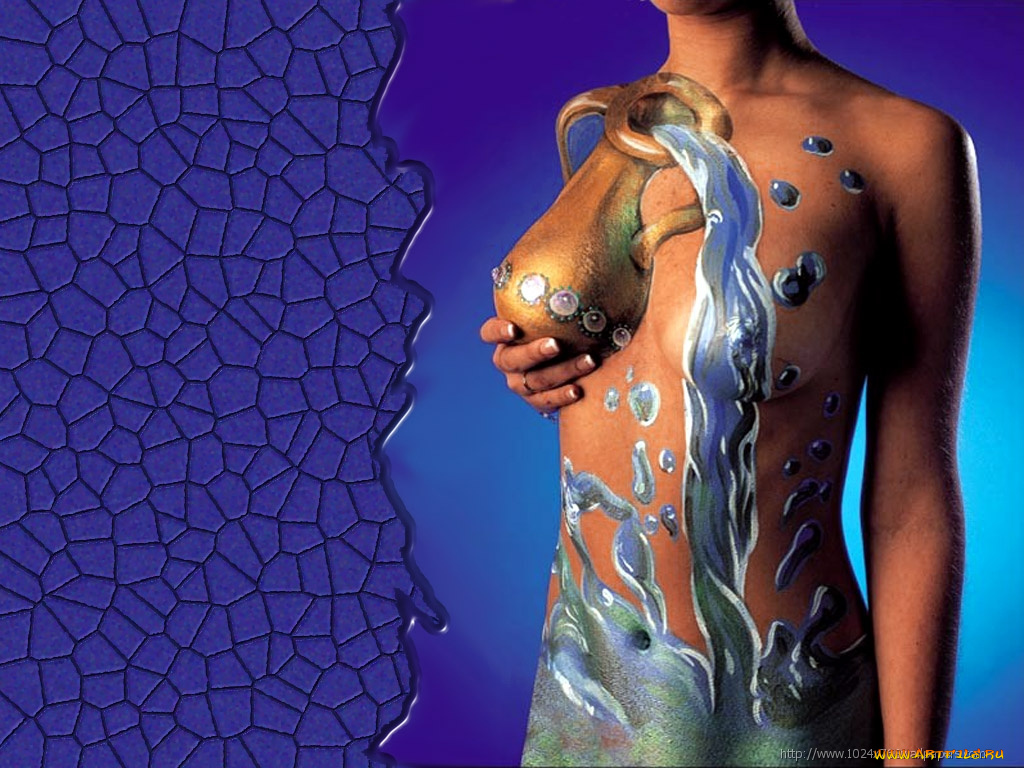 aquarius, разное, знаки, зодиака, девушка, груди, рисунок, кувшин, вода, брызги, боди-арт, нагота, рука, пупок, живот, фон