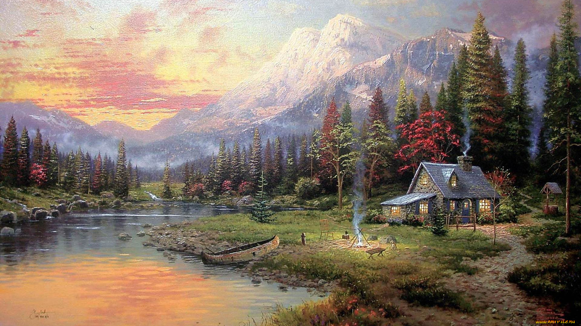 evening, majesty, рисованные, thomas, kinkade, горы, дом, колодец, река, лодка, костер, живопись