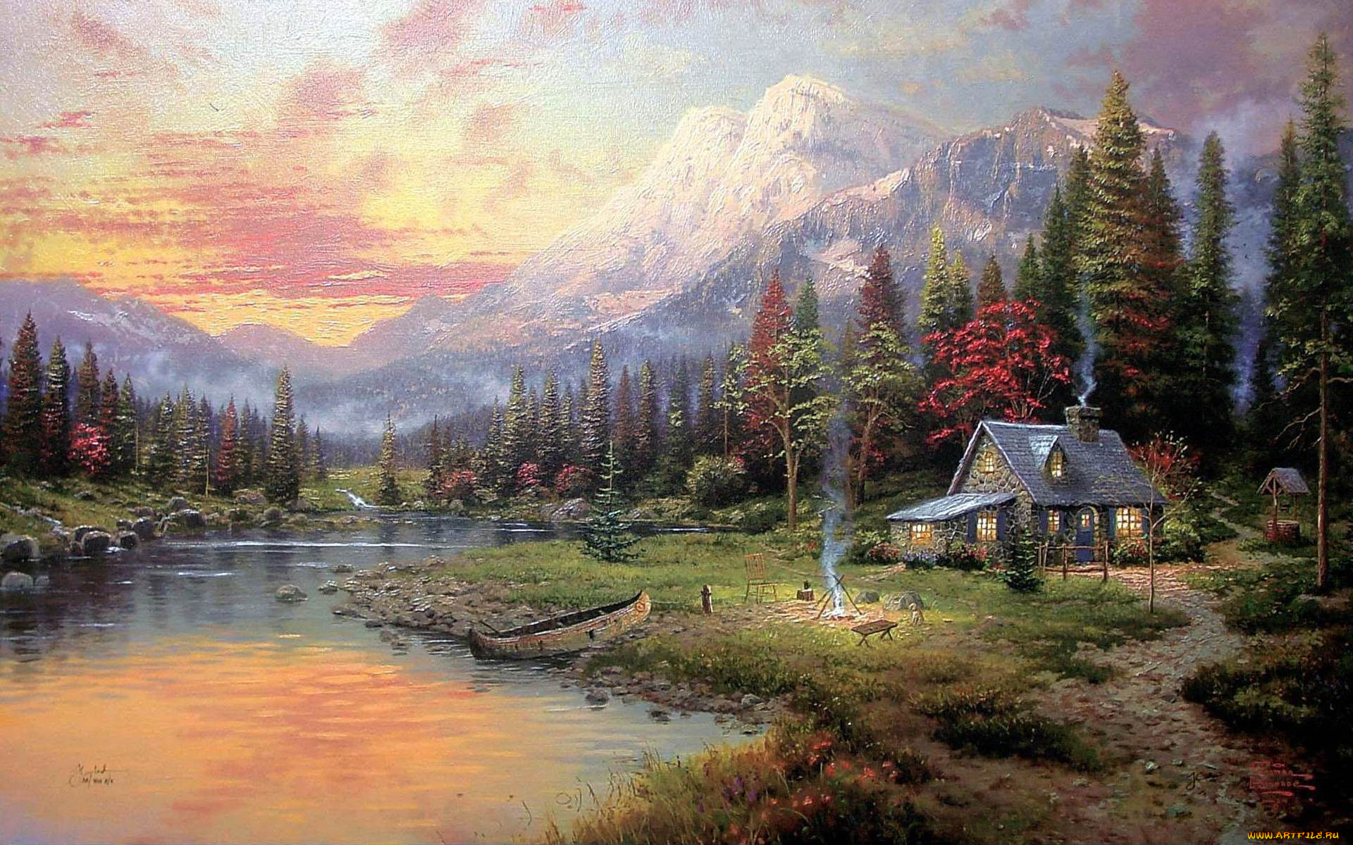evening, majesty, рисованные, thomas, kinkade, горы, дом, колодец, река, лодка, костер, живопись