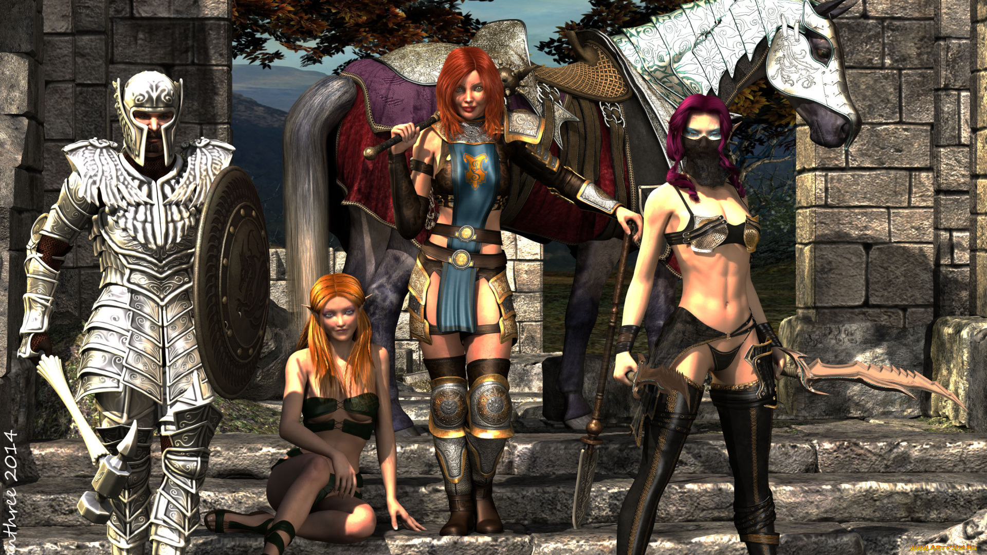 3д, графика, amazon, , амазонки, лошадь, оружие, девушки