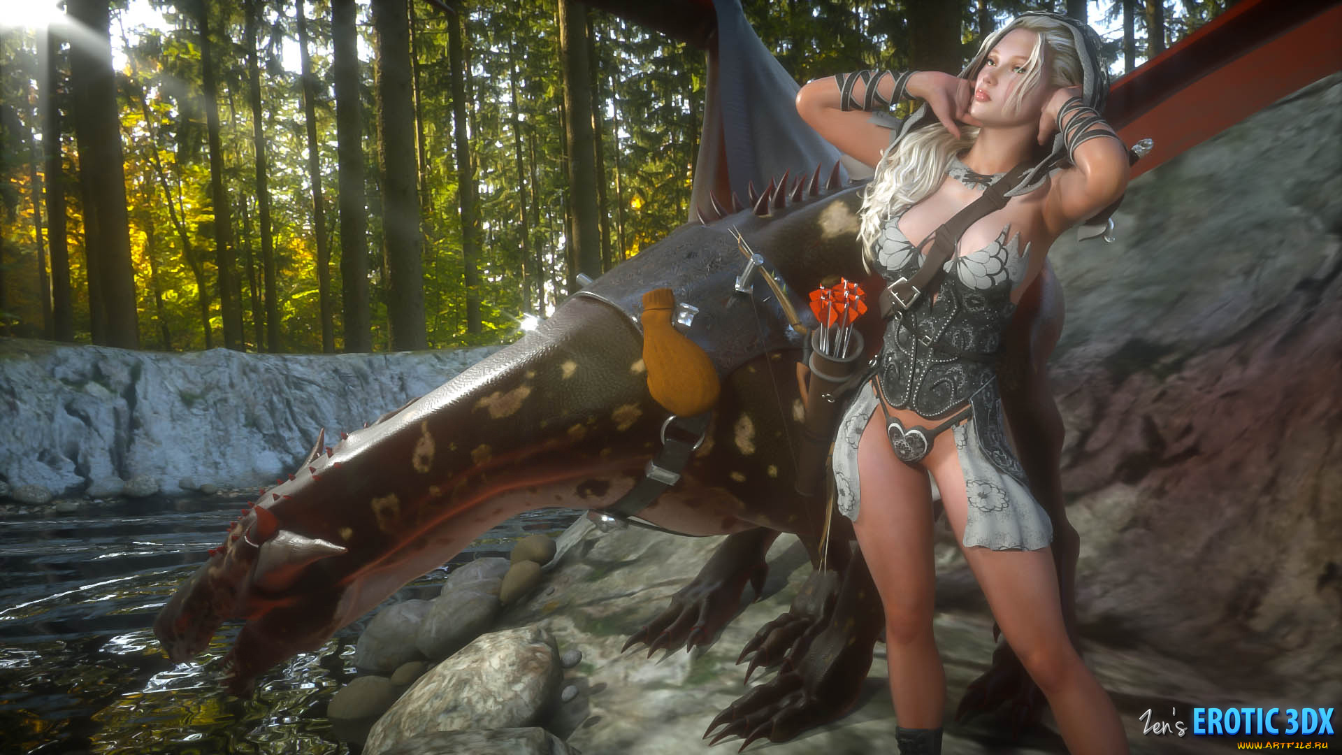 3д, графика, fantasy, , фантазия, дракон, река, пес, девушка