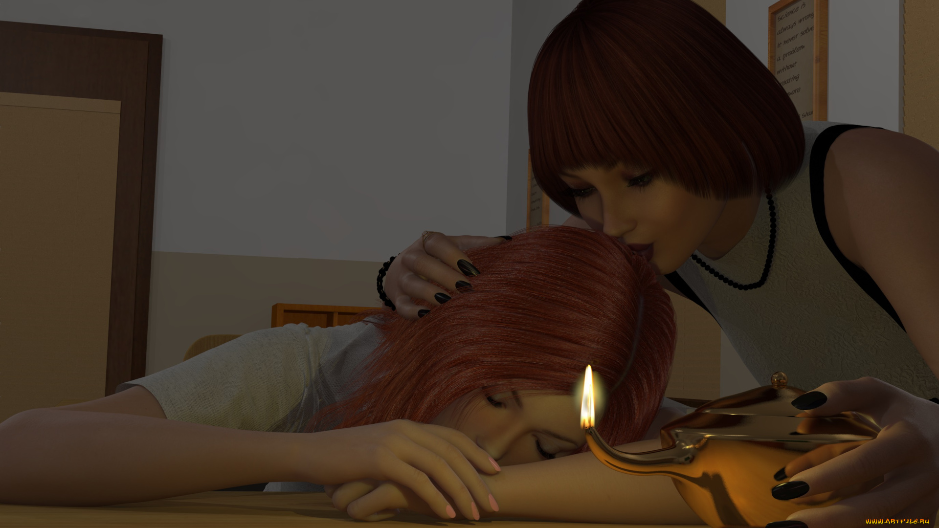 3д, графика, people, , люди, лампа, стол, девушки