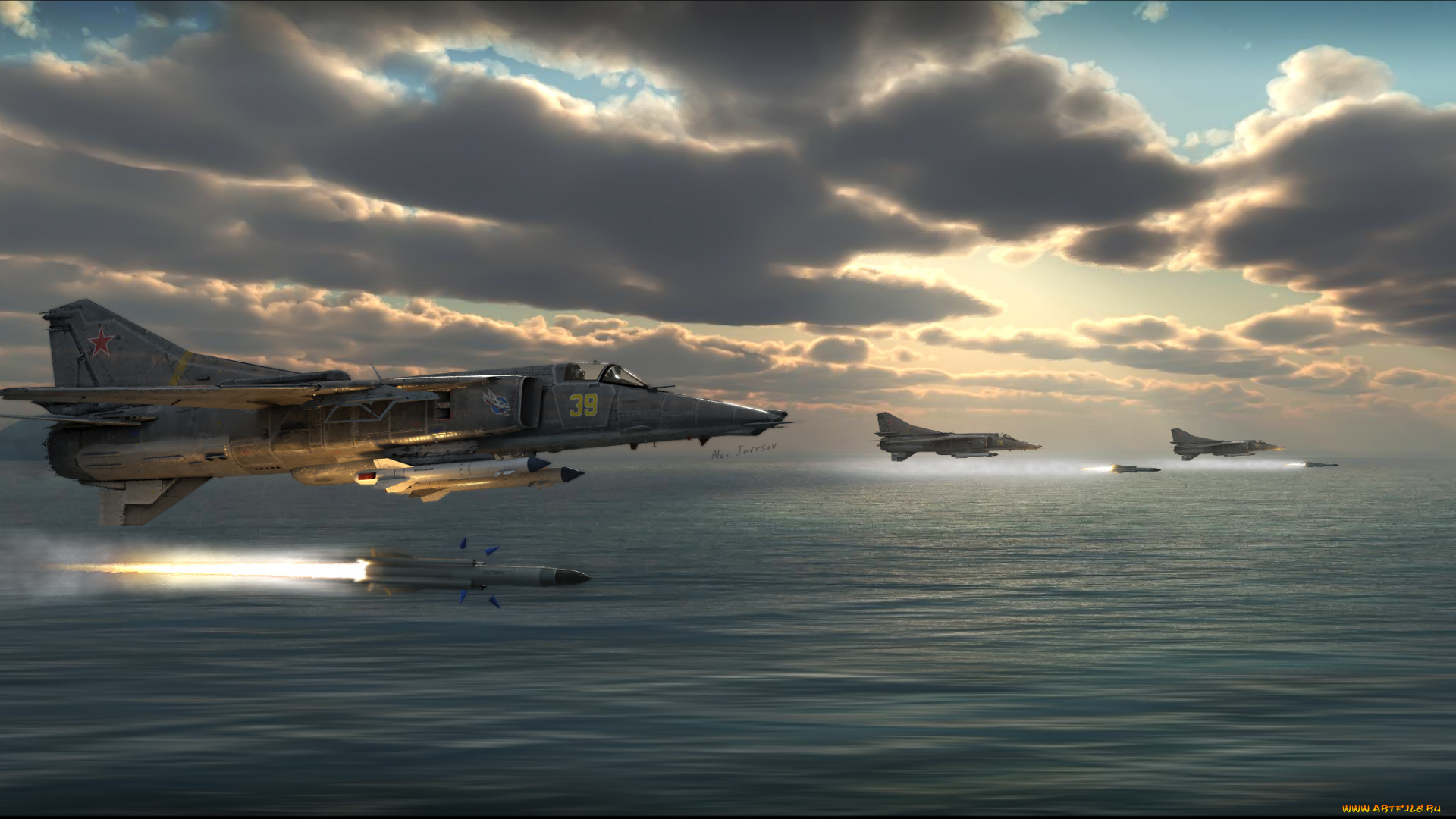 авиация, 3д, рисованые, v-graphic, истребитель-бомбардировщик, советский, сверхзвуковой, миг-27, ракеты