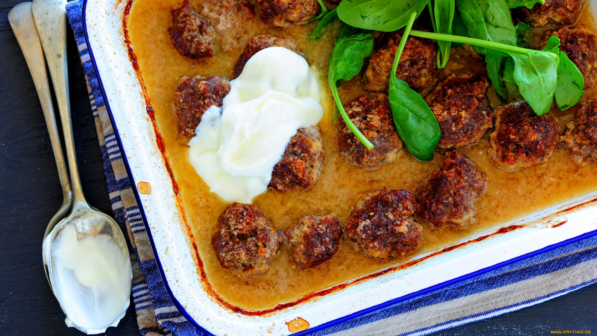 еда, мясные, блюда, сметана, соус, ложка, салфетка, тефтели
