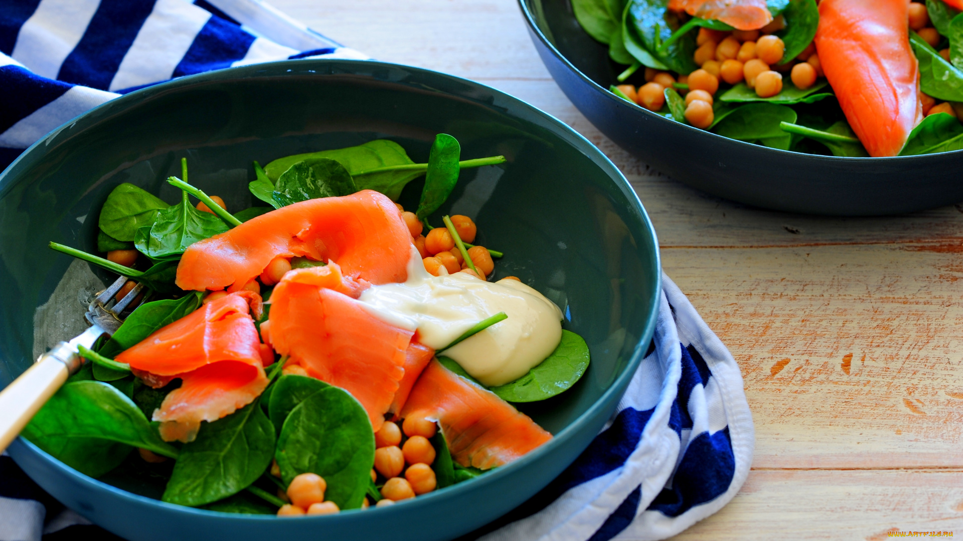 еда, рыбные, блюда, , с, морепродуктами, салат, закуска, зелень, бобы, лосось