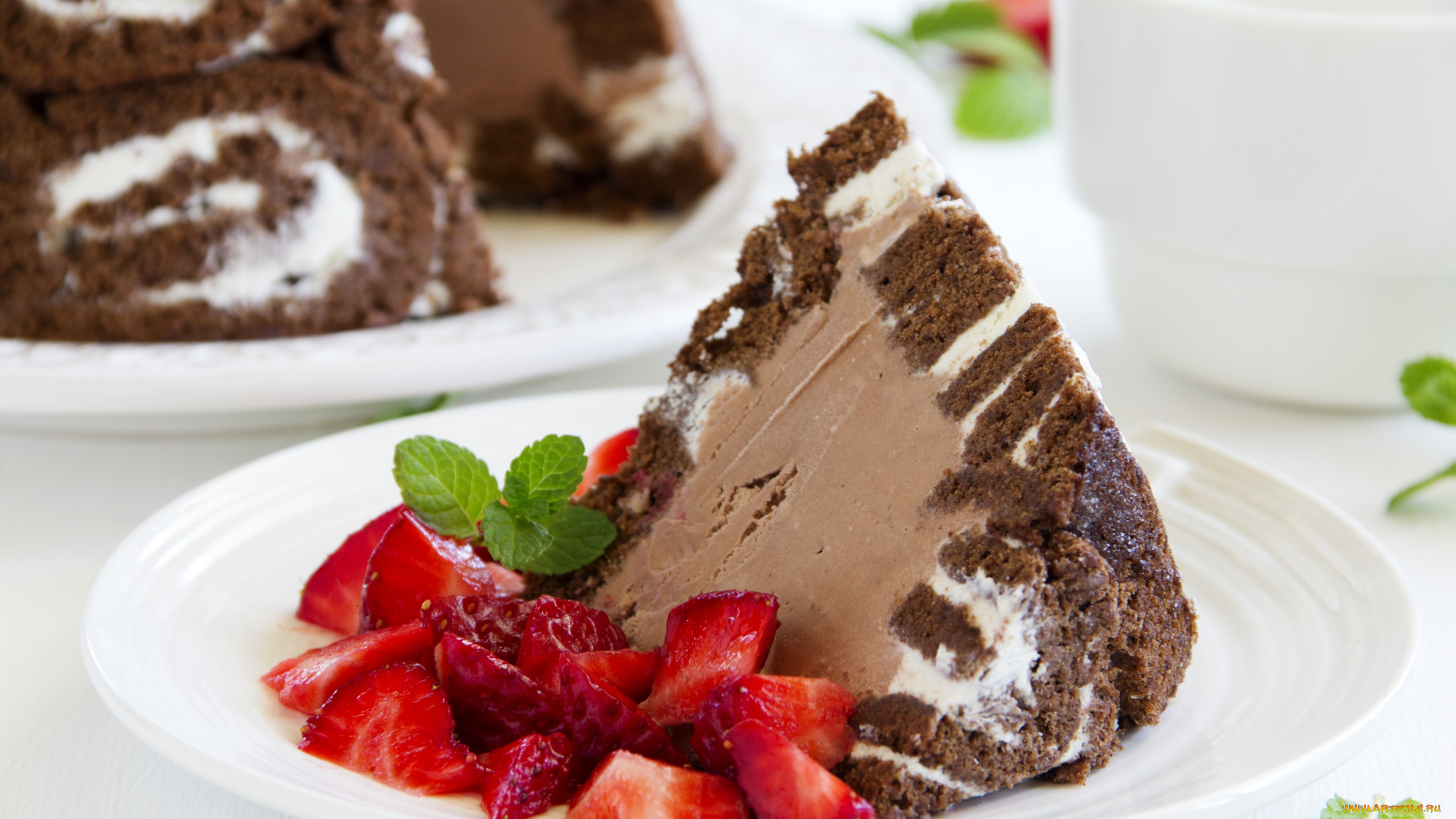 еда, торты, клубника, кусок