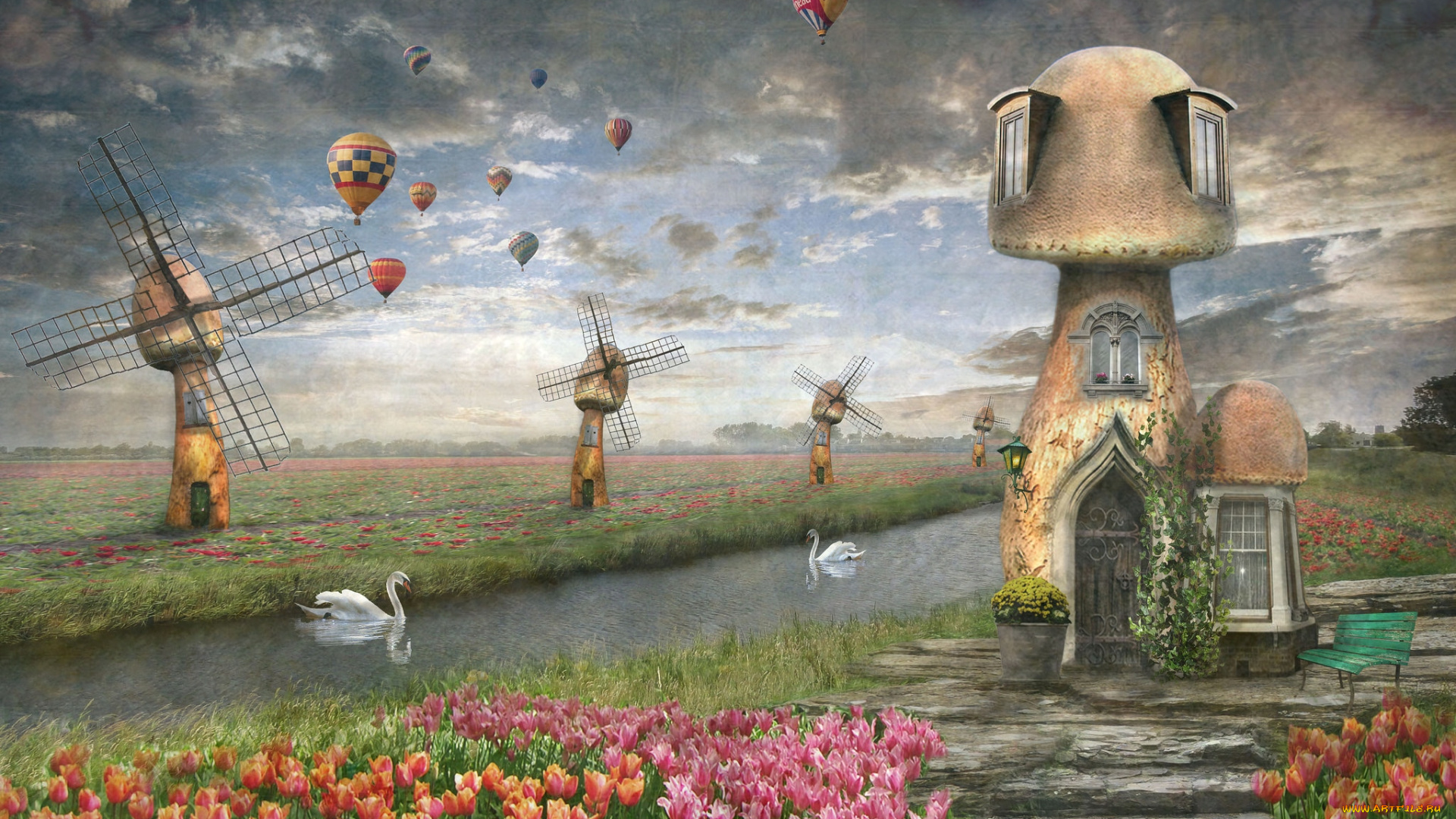фэнтези, фотоарт, грибы, мельницы, лебеди
