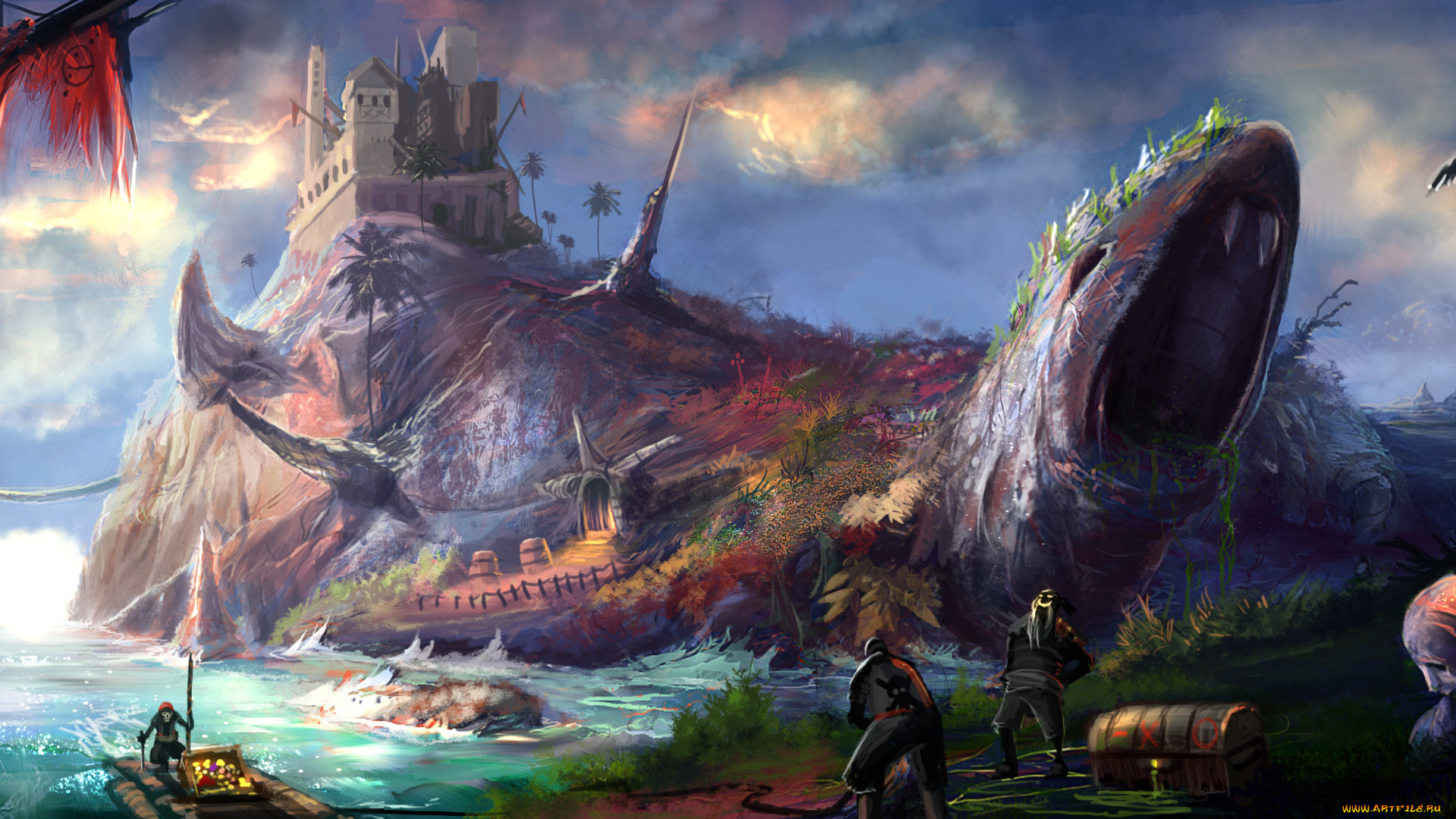 фэнтези, существа, арт, море, пираты, сундуки, остров, статуя, монстр