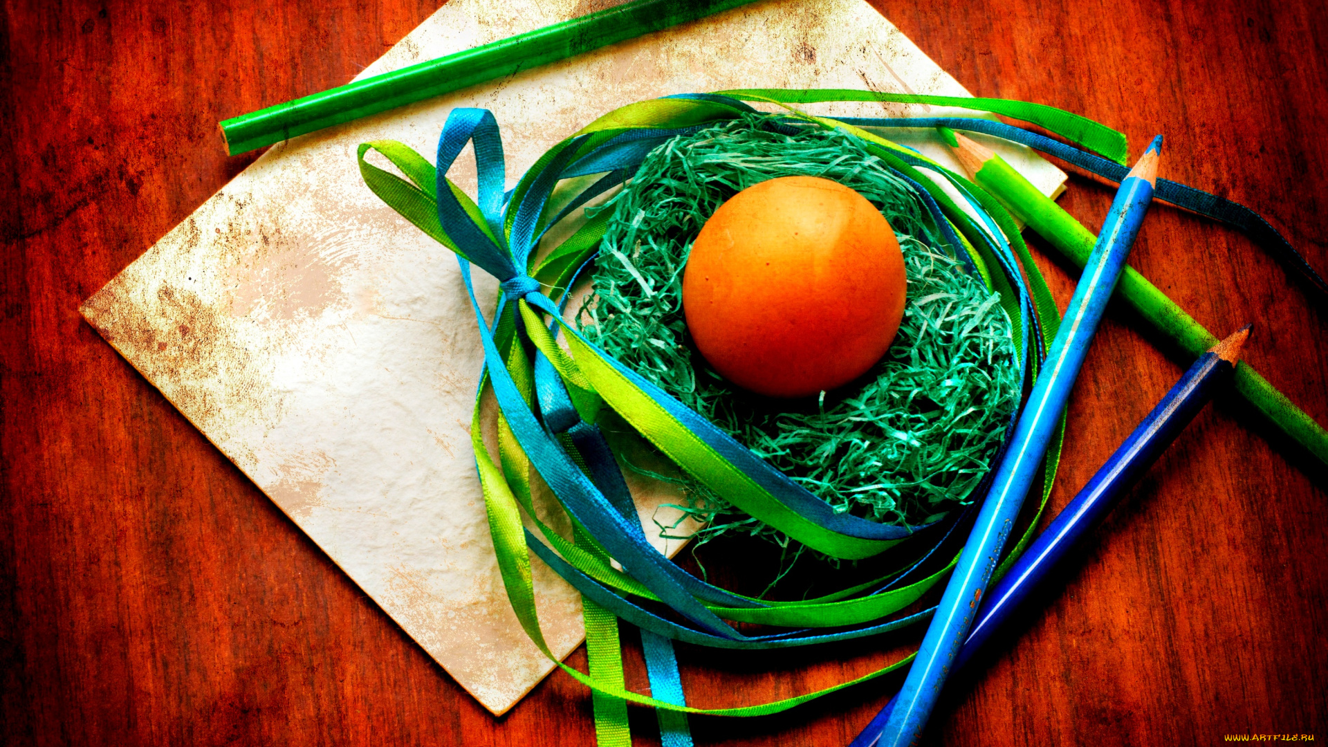 праздничные, пасха, easter, праздник, яйцо, гнездо, карандаши, ленты, дерево, бумага