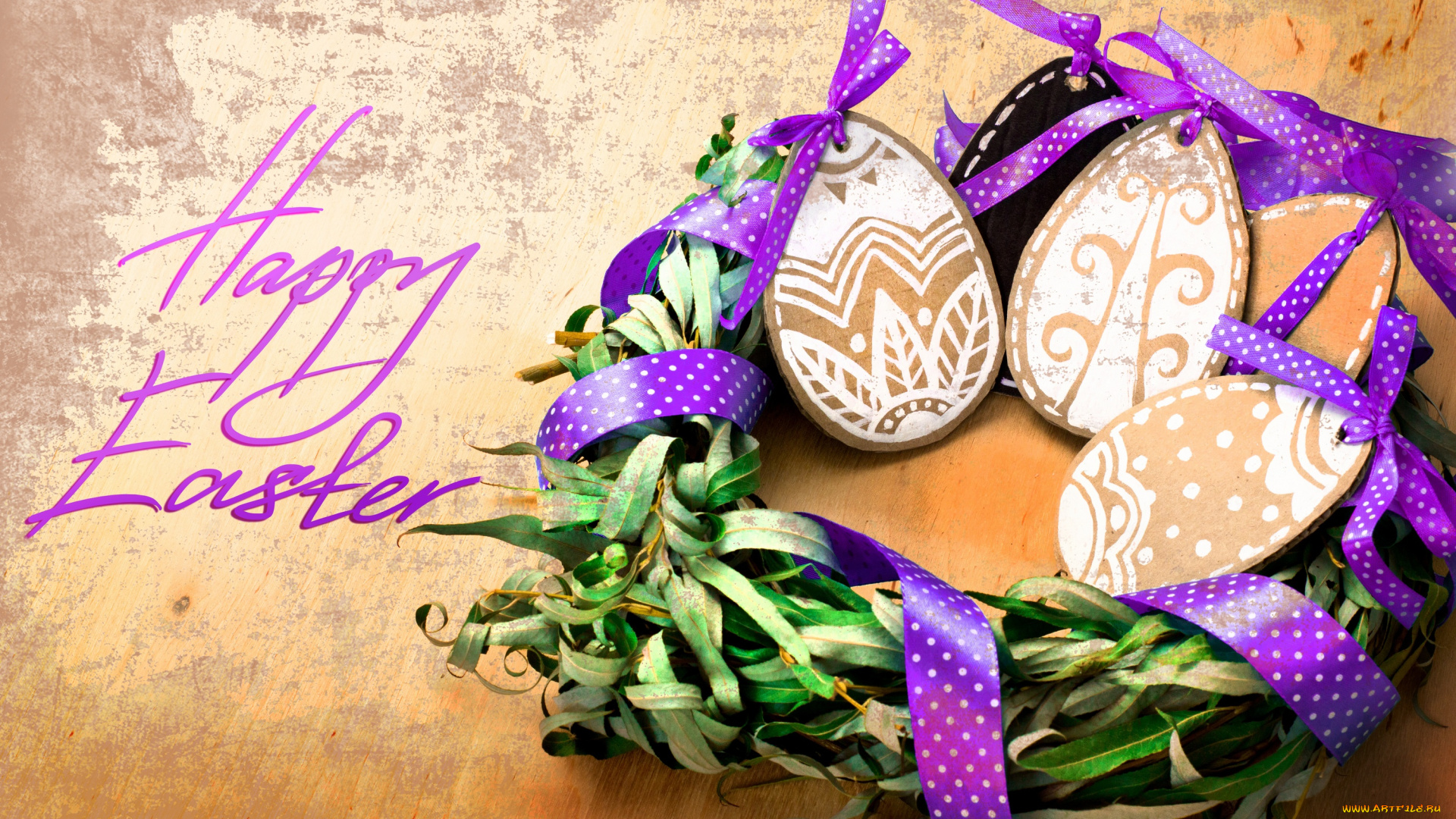 праздничные, пасха, гнездо, яйца, праздник, надпись, дерево, фигурки, ленты, easter