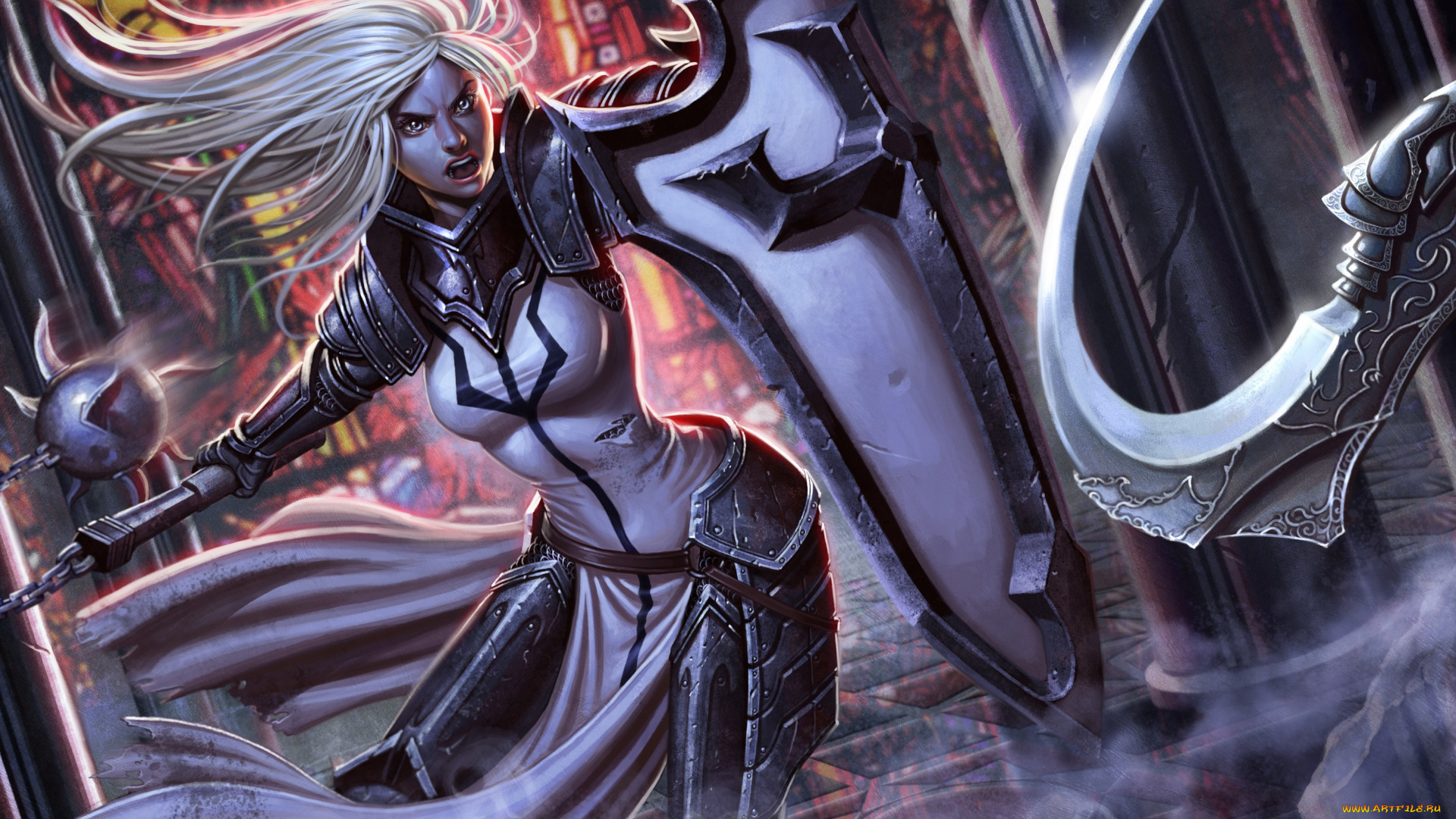 видео, игры, diablo, iii, , reaper, of, souls, арт, оружие, щит, блондинка, крик, игра, девушка, доспехи, души, серп