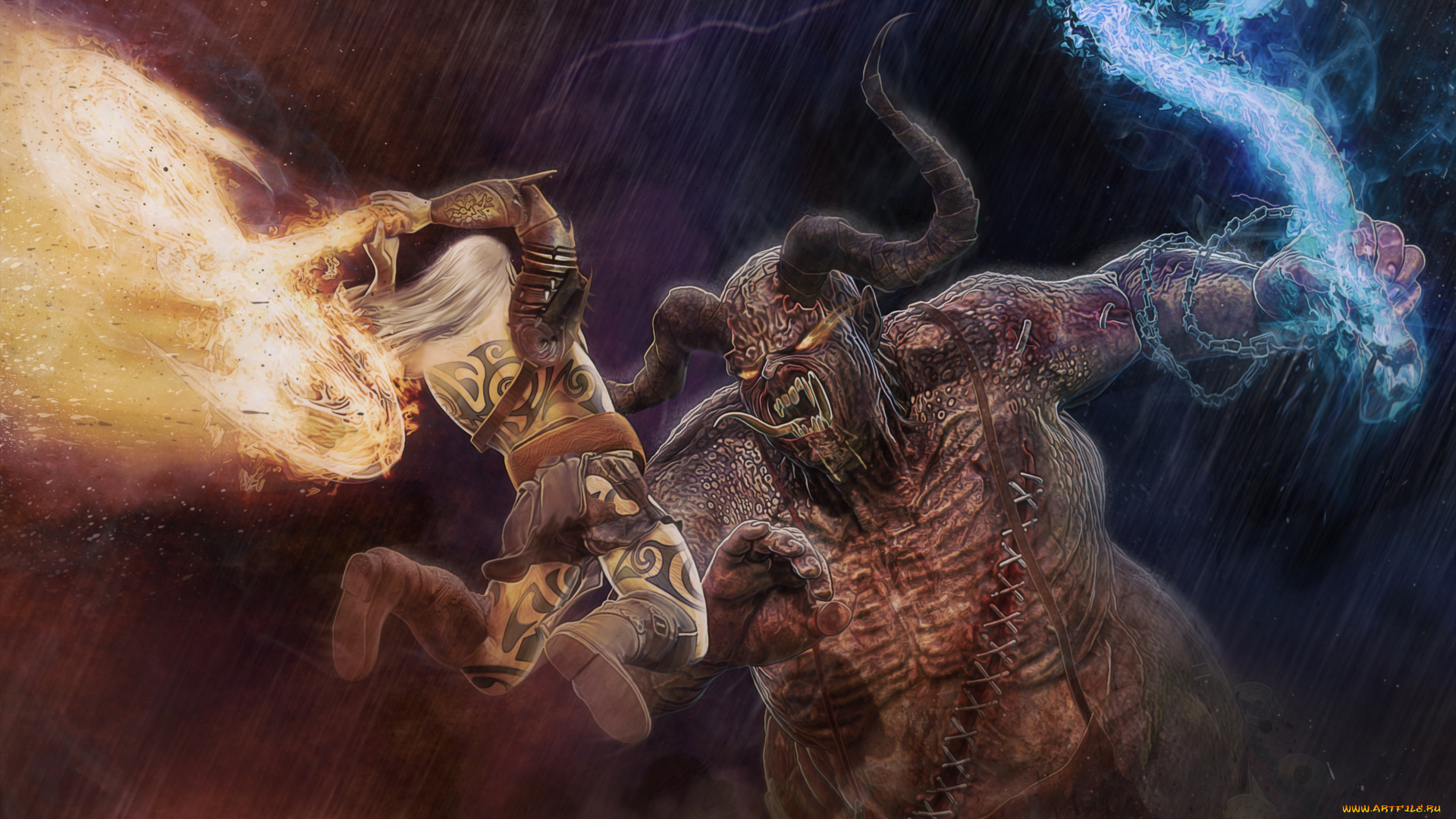 видео, игры, diablo, iii, , reaper, of, souls, человек, дождь, существо, рога, игра, арт, бой, пламя, цепь, монстр