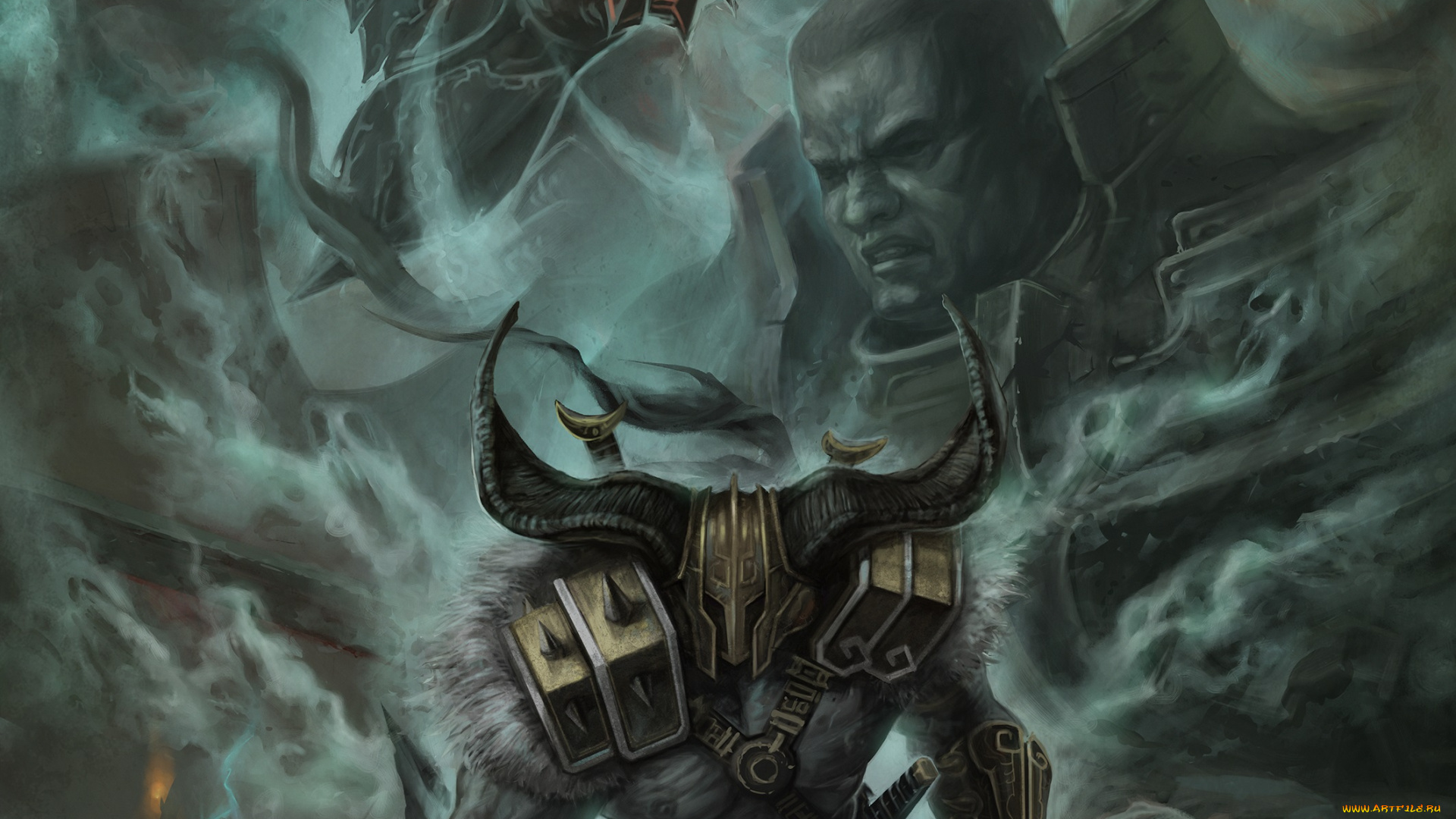 видео, игры, diablo, iii, , reaper, of, souls, девушки, дьявол, человек, души, арт, рога, камень, мрачно, молнии, шлем