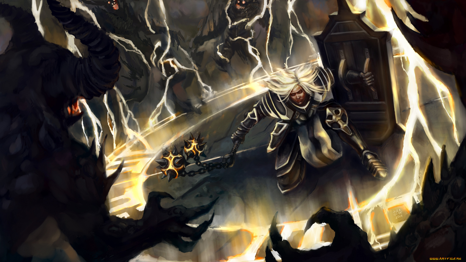 видео, игры, diablo, iii, , reaper, of, souls, молнии, монстры, блондинка, щит, девушка, игра, арт, оружие, бой